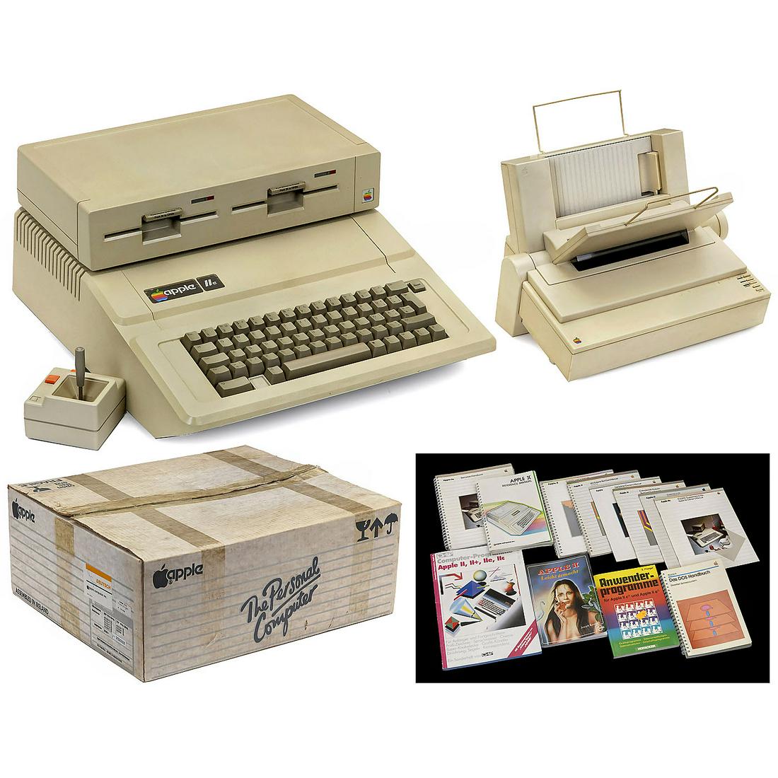 Apple IIe Computer, 1983: Apple IIe Computer, 1983 Made for the German market, Rockwell R6502-40 processor, APL-B printer card, 80-row card, AIIE 80Col/64K memory-extension card, Parallel-Interface model 7720 card and Apple I/
