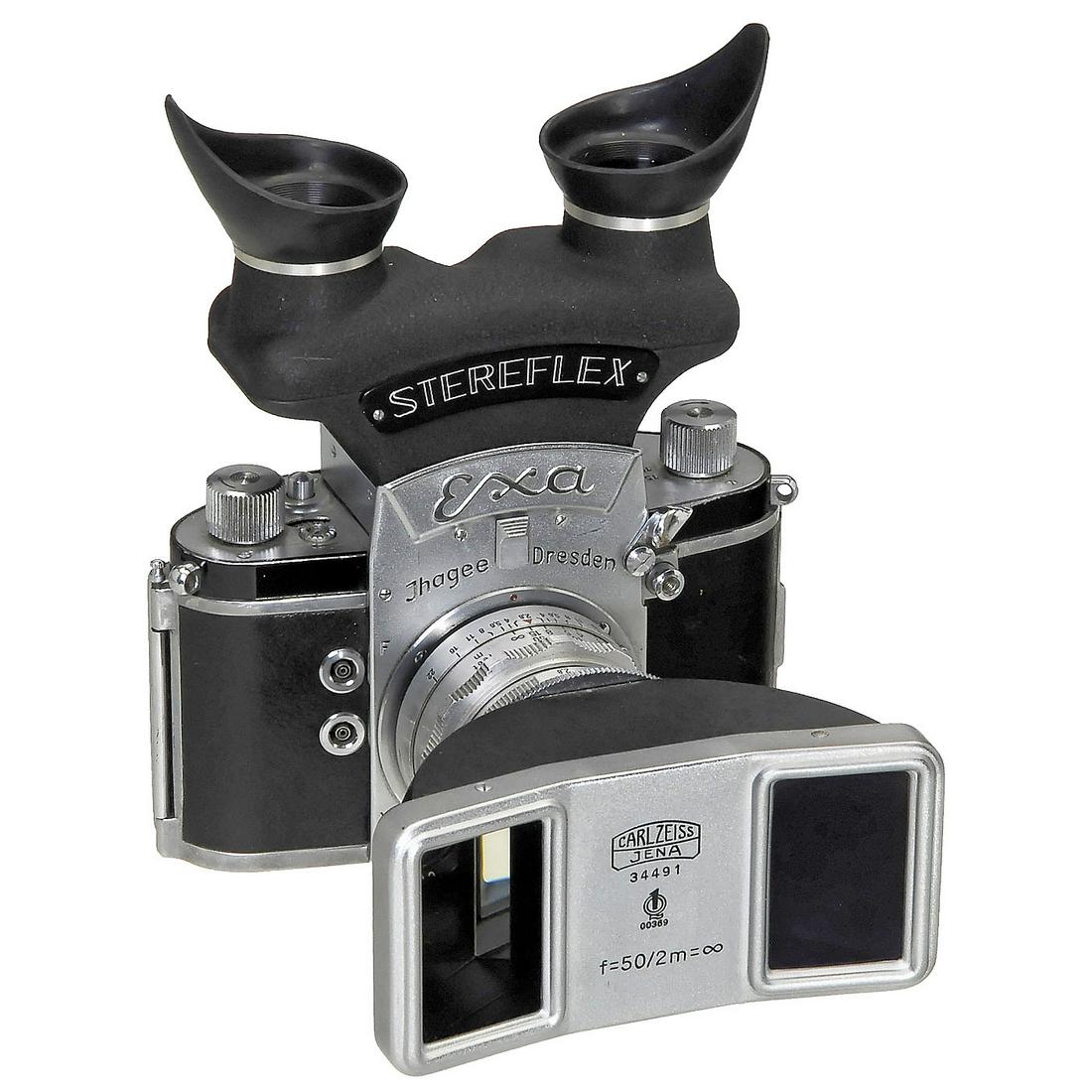 Exa with Stereflex, c. 1955: Exa with Stereflex, c. 1955 Ihagee, Dresden. 1) Exa no. 552453, with Tessar 2,8/50 mm. (3/3) - 2) Zeiss stereo beam-splitter, large version (2 m = infinity), no. 34491, front cap. (2-/2) - And: 3) "