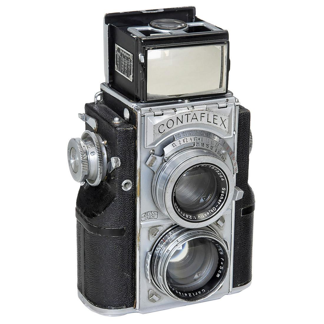 Contaflex TLR, 1935: Contaflex TLR, 1935 Zeiss Ikon, Dresden. No Y84929, Sonnar 1,5/5 cm, well-preserved Albada viewfinder, metal focal plane shutter works, but with film advance second curtain sticks slightly, version w