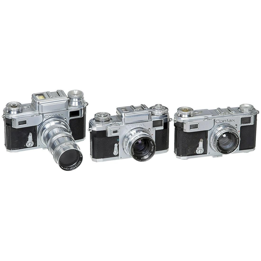 Contax II, III and IIa with Lenses: Contax II, III and IIa with Lenses Zeiss Ikon. 1) Contax II, no. B49120, with Sonnar 2/5 cm, no. 2017653. - 2) Contax III, no. B62685, light meter and self-timer inoperative. With Sonnar 4/13,5 cm, n