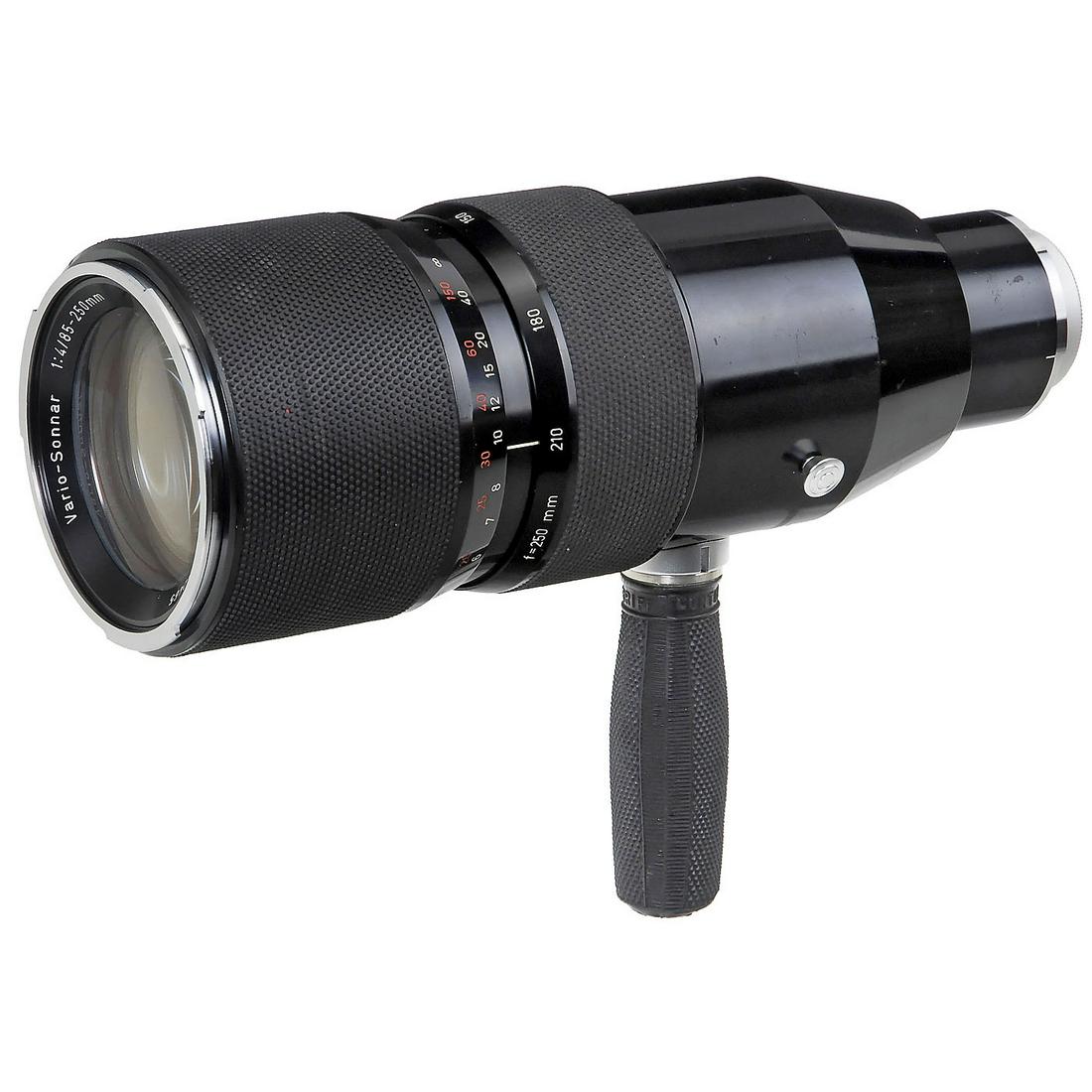 Vario-Sonnar 4/85-250 mm for Contarex, 1970: Vario-Sonnar 4/85-250 mm for Contarex, 1970 Carl Zeiss, Oberkochen. No. 4542465, with case, grip, 2 caps and lens hood. - Only 581 units produced! Vario-Sonnar 4/85-250 mm für Contarex, 1970 Carl