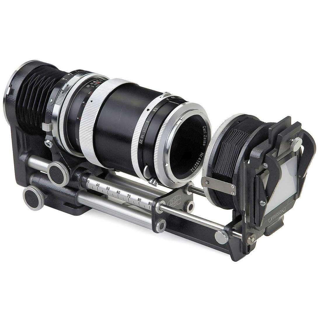 Tessar 3,5/115 mm on Bellows for Contarex, 1962: Tessar 3,5/115 mm on Bellows for Contarex, 1962 Zeiss Ikon, Stuttgart. No. 4192732, Interior cloudy, sought-after Contarex lens! With slide copier. Tessar 3,5/115 mm am Balgen für Contarex, 1962 Z