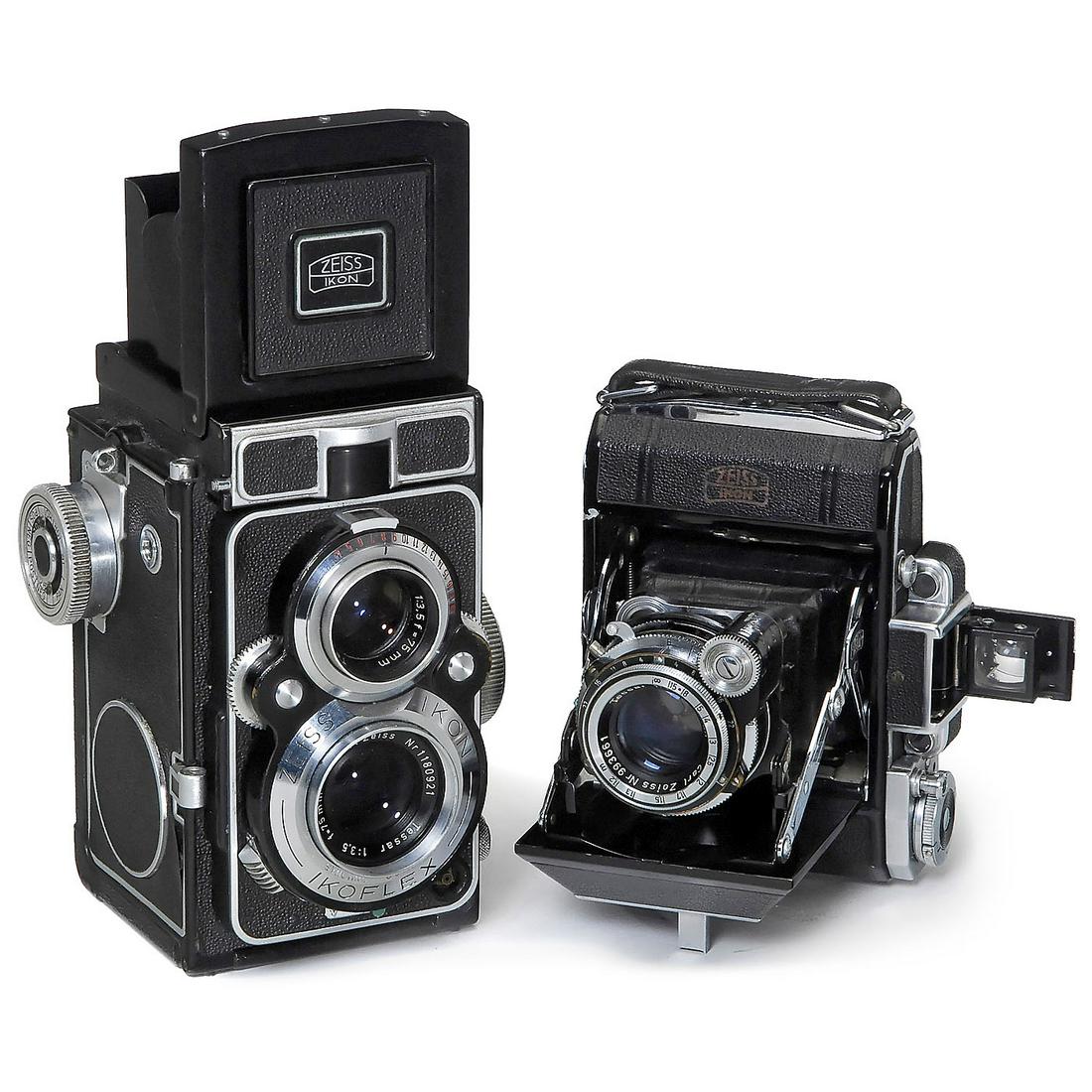 Zeiss Ikon Super Ikonta 531 and Ikoflex Favorit: Zeiss Ikon Super Ikonta 531 and Ikoflex Favorit Zeiss Ikon, Stuttgart. 1) Super Ikonta 531, no. C11505, with Tessar 3,5/75 mm, Synchro-Compur, rollfilm camera 4,5 x 6 cm, shutter inoperative. The mos