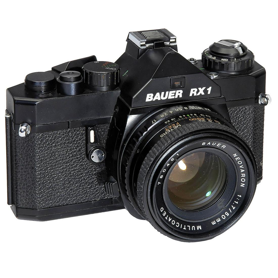 Bauer RX1, 1978: Bauer RX1, 1978 Robert Bosch, Stuttgart. SLR camera, size 24 x 36 mm, Bauer Neovaron 1,7/50 mm, one of fewer than 100 units produced in Japan by Cosina and never officially marketed. On camera back on