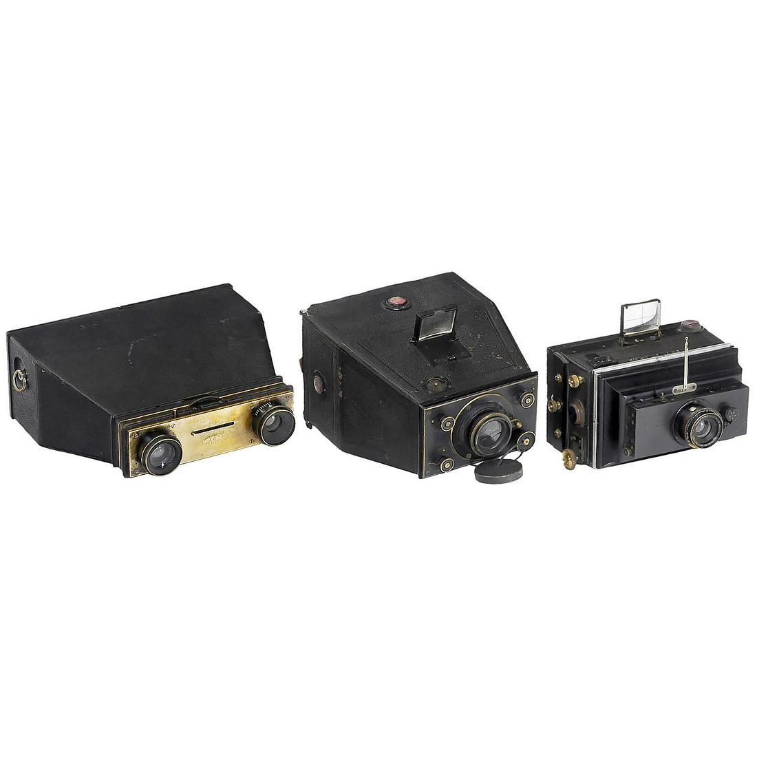 3 Jumelle Cameras: 3 Jumelle Cameras 1) Carpentier, Paris. For 6 x 9 cm, with Krauss Zeiss Anastigmat 8/88 mm, no. 18731, changing mechanism with 18 plate holders, without viewfinder. - 2) Joux, Paris. For 6 x 9 cm, wi