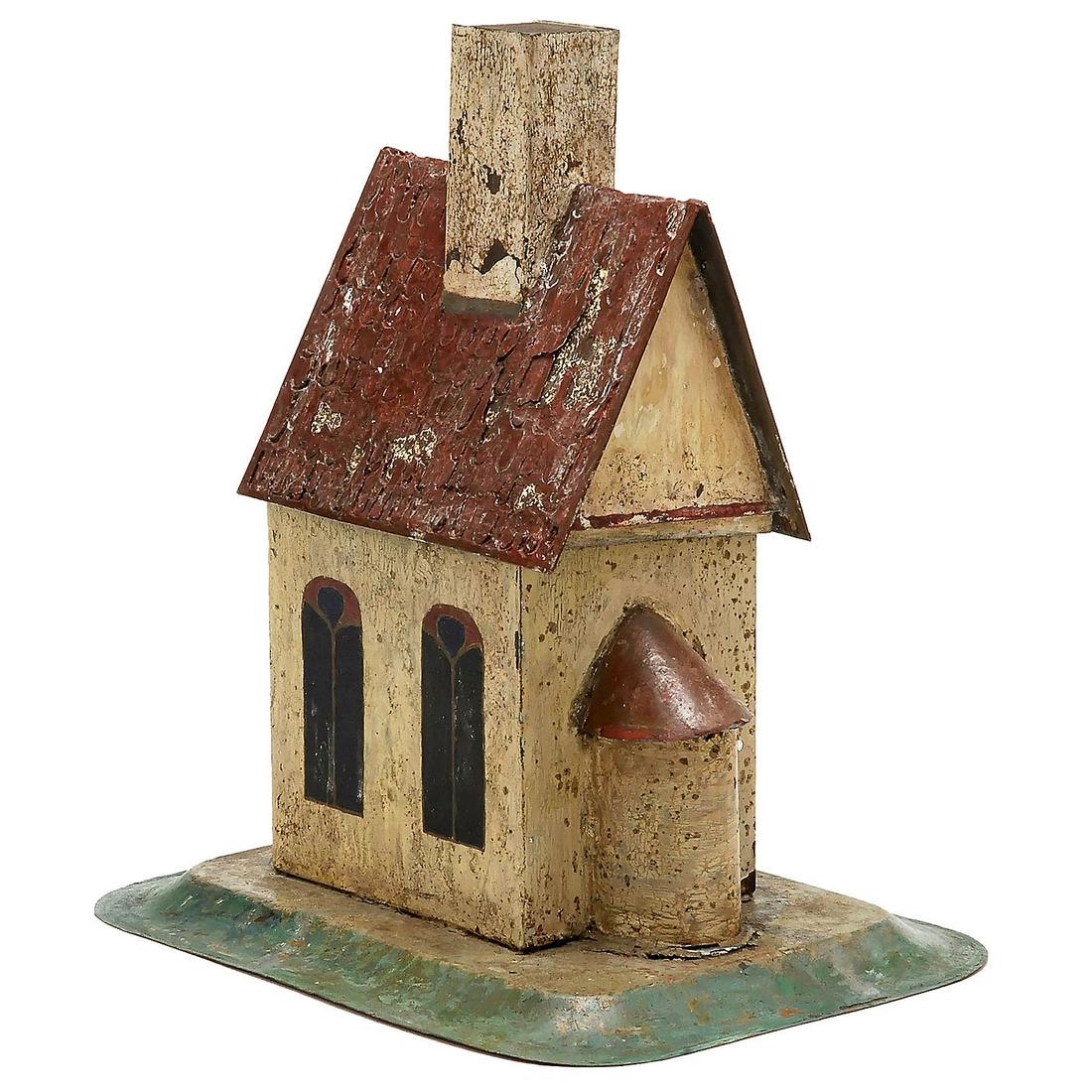 Church-Form Kaleidoscope, c. 1910-20: Church-Form Kaleidoscope, c. 1910-20 Unmarked. With rotating object slider on base, gear drive with three colors, double door for light incidence, kaleidoscope viewing through chimney, hand-painted, r