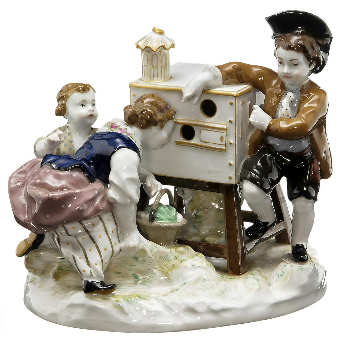 Peep-Show Scenery by KPM, Porcelain: Peep-Show Scenery by KPM, Porcelain Königliche Porzellanmanufaktur, Berlin. Peep-show scenery after François Boucher (1703-70), marked: blue scepter trademark under the gloss, "L140/411", no cracks