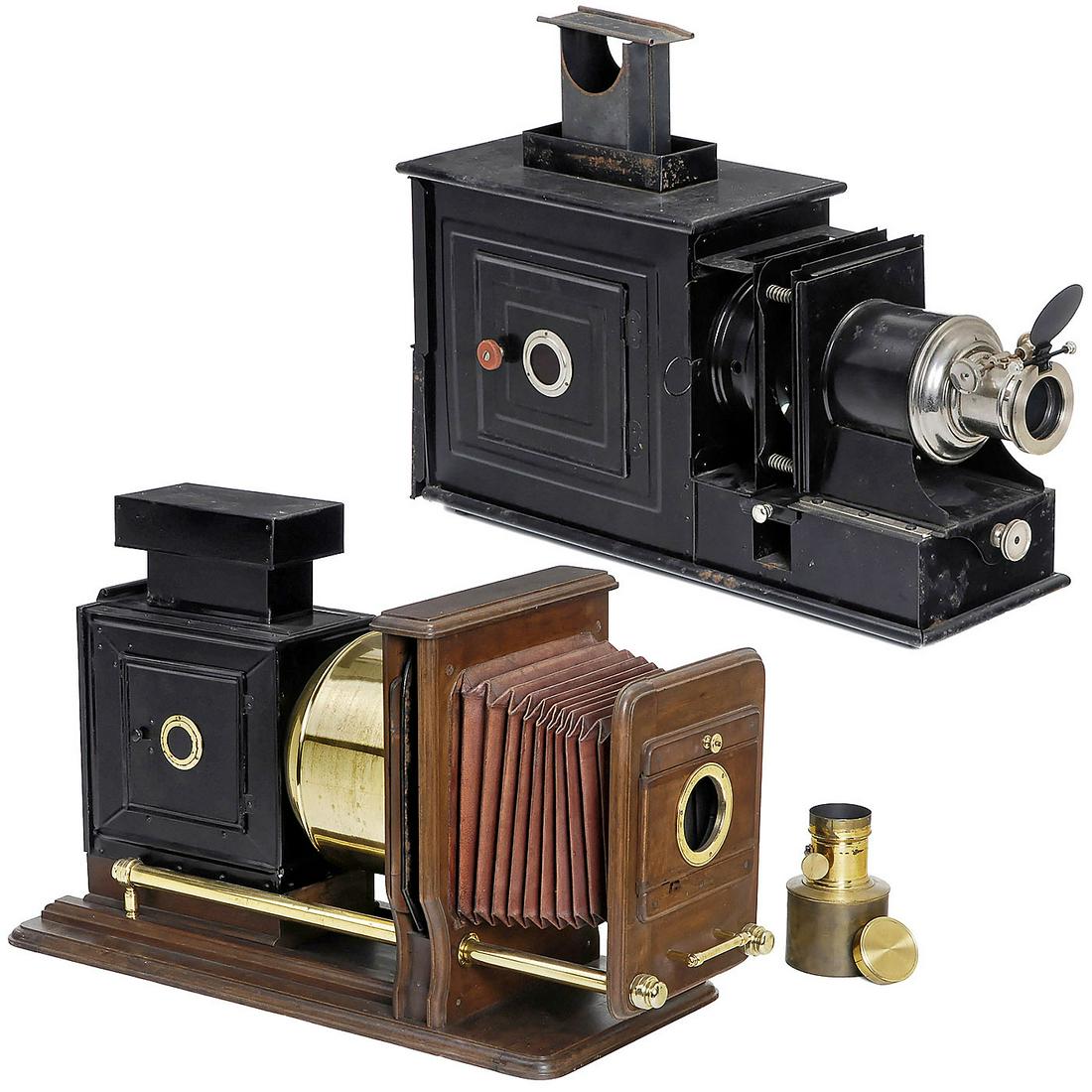 2 Magic Lanterns: 2 Magic Lanterns 1) Demaria-Lapierre. Modell "Congrès", tin body, nickeled fittings, nickel lens, for slides of 3 ¼ x 4 in., with condenser Ø approx. 115 mm, chimney missing, - And: 2) France. Pol
