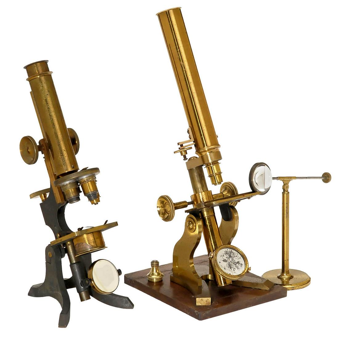 2 English Brass Microscopes: 2 English Brass Microscopes 1) Student-grade Ross-style compound monocular microscope, c. 1865. Lacquered brass, claw-footed base, tilting stand, gimbal-mounted single mirror, double milled-head pinio