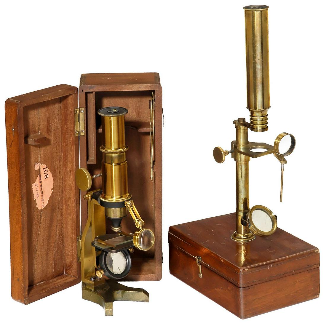 2 Brass Microscopes: 2 Brass Microscopes 1) Compound microscope, c. 1830, maker unknown. Lacquered brass, 2 button-type objectives are screwed one into the other, rack-and-pinion focusing to the tube, single mirror, overa