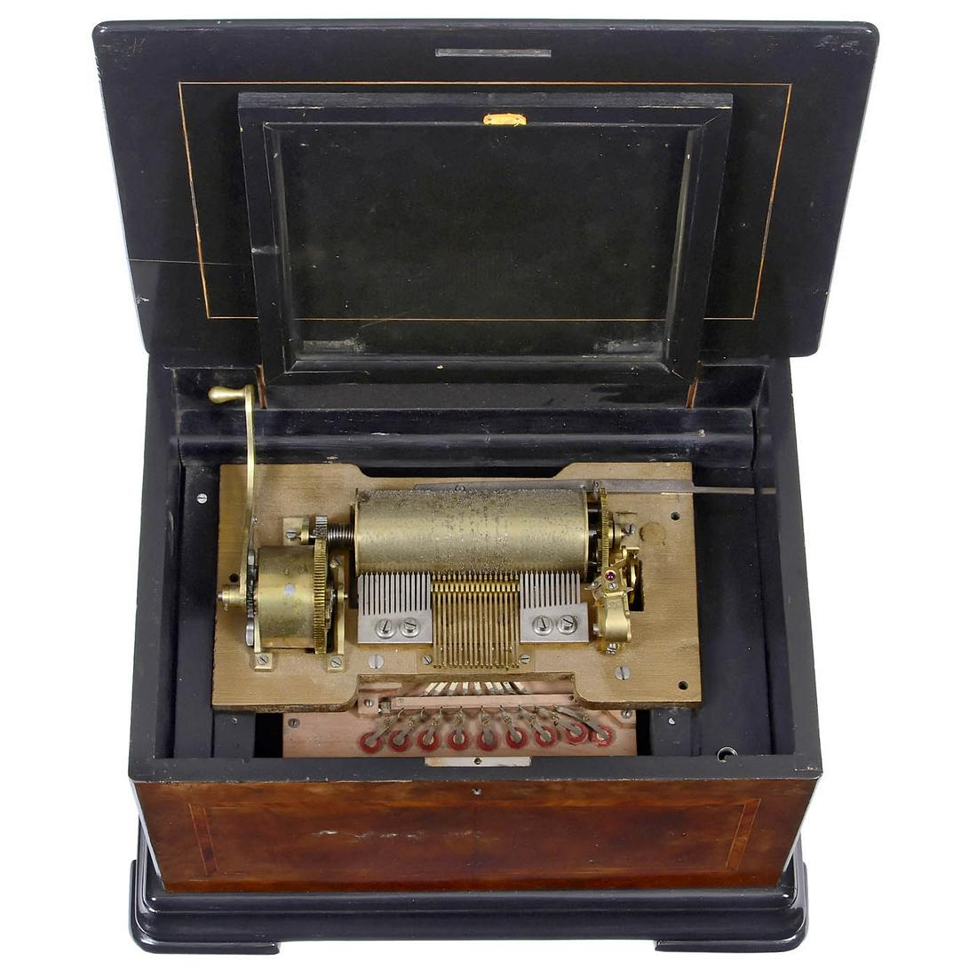 Organ Musical Box by Ami Rivenc, c. 1895: Organ Musical Box by Ami Rivenc, c. 1895 No. 37787, playing 8 airs accompanied by 17-note organ, with 26 teeth in two combs (bass tip off), in book-matched walnut-veneered case, wd. 18 in. (46 cm), cy