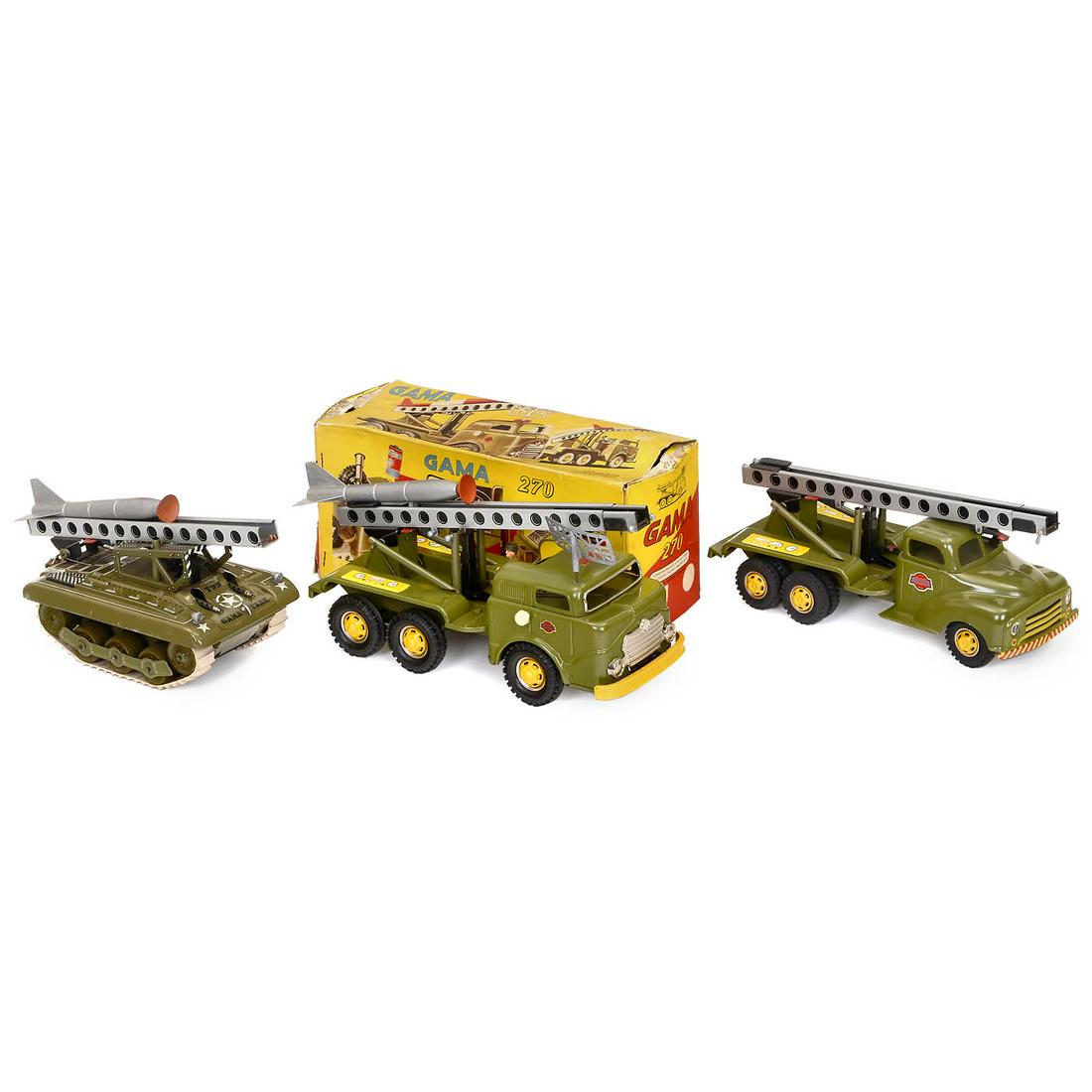 3 Gama Rocket Trucks and Tank, c. 1960 (1 of 1)