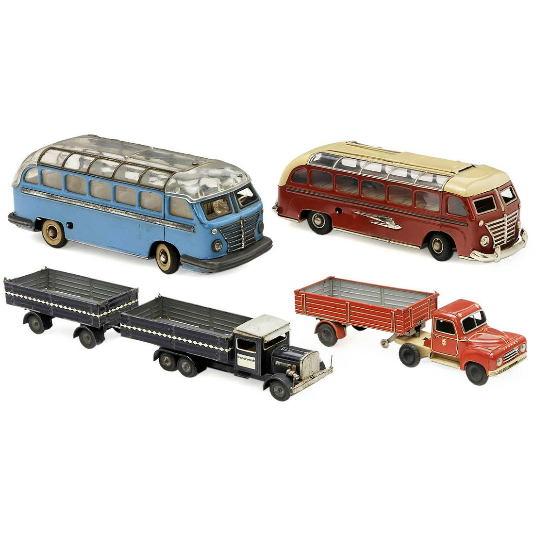 4 German Transportation Toys: 4 German Transportation Toys 1) Siegfried Günthermann, Nuremberg. Bus (Amsterdam - Rome) no. 29, c. 1952, marked "Made in US-Zone Germany", lithographed tin, spring-driven (working), forward and reve