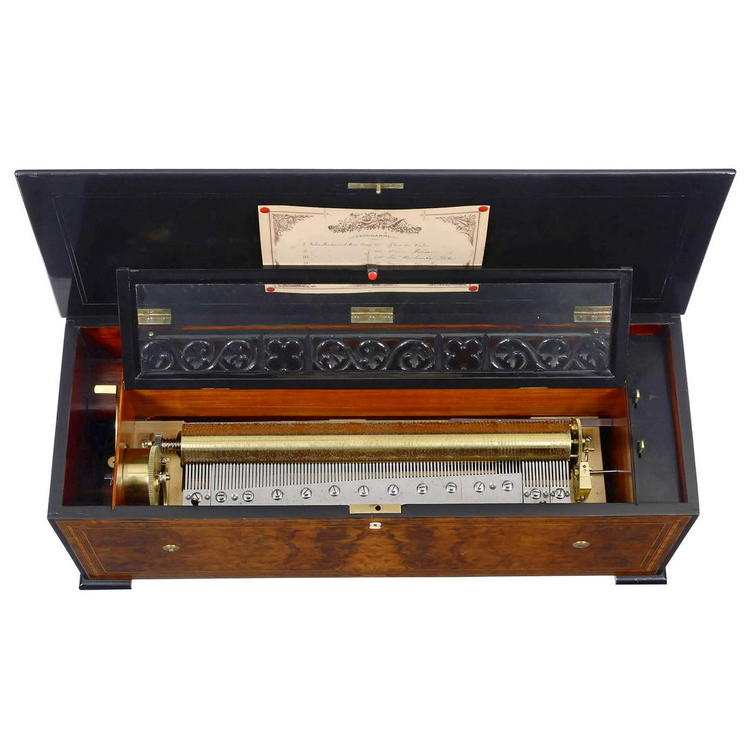 Musical Box with Hidden Drum, Bells and Castanet, c.: Musical Box with Hidden Drum, Bells and Castanet, c. 1865 Probably Bremond or Ducommun-Girod. No. 5895, playing the quadrille "Zehn Kinder und kein Mann" ("Ten Children and No Husband") in five parts