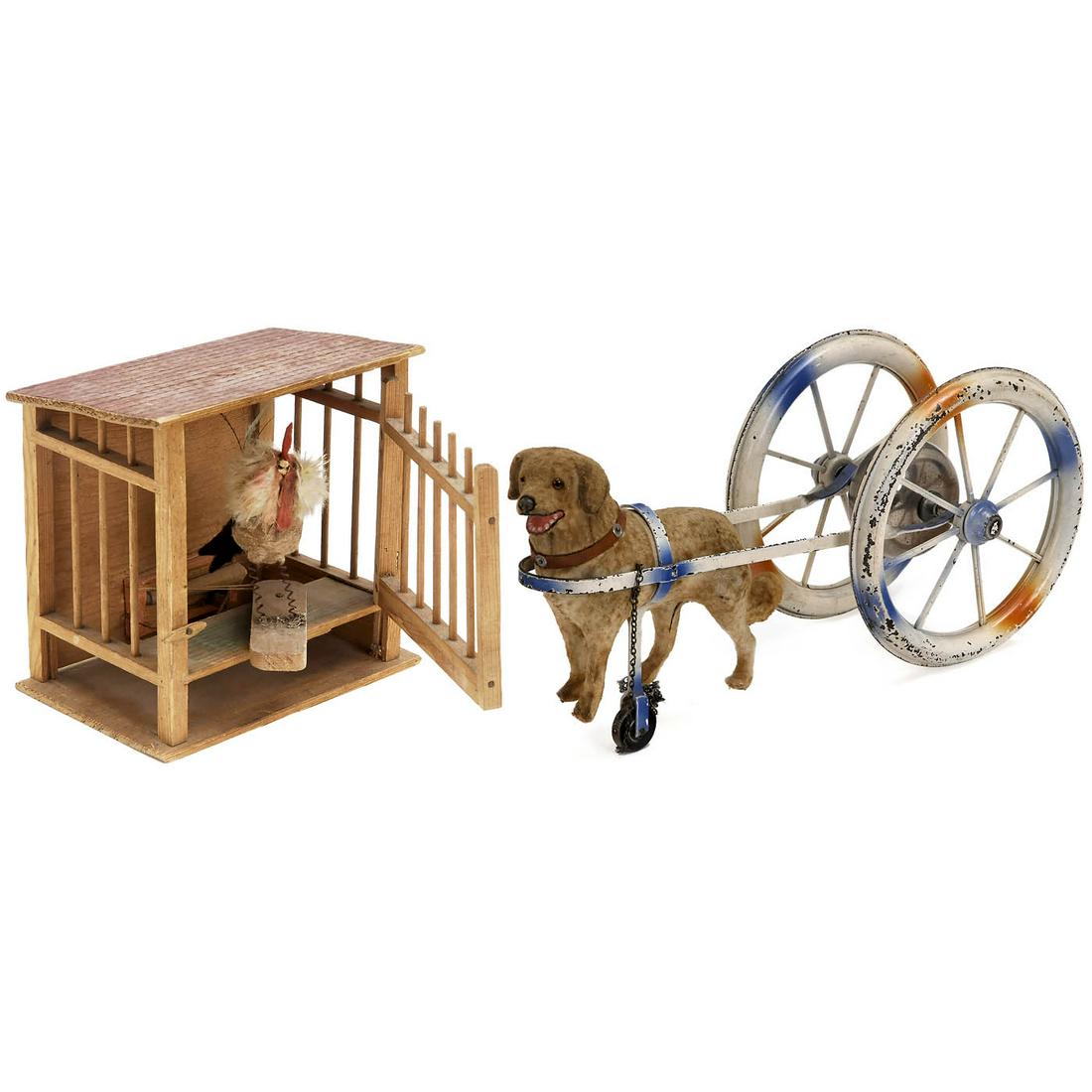 2 Mechanical Toys, c. 1910: 2 Mechanical Toys, c. 1910 Germany. Papier-mâché dog on wheels, with lead and ringing bells, lg. 13 in. (33 cm), acceptable paint loss on wheels, and rooster in hen house, with bellows, ht. 7 in. (