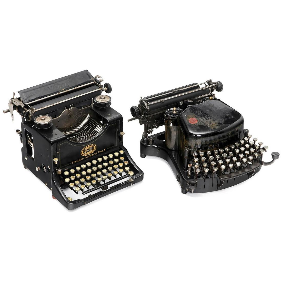 2 German Typewriters: '2 German Typewriters 1) "Kanzler Mod. 3", c. 1908, important German typewriter with extraordinary typebar system of 8 characters on each bar. Shift keys on both sides. Serial no. 10722. - Literature:
