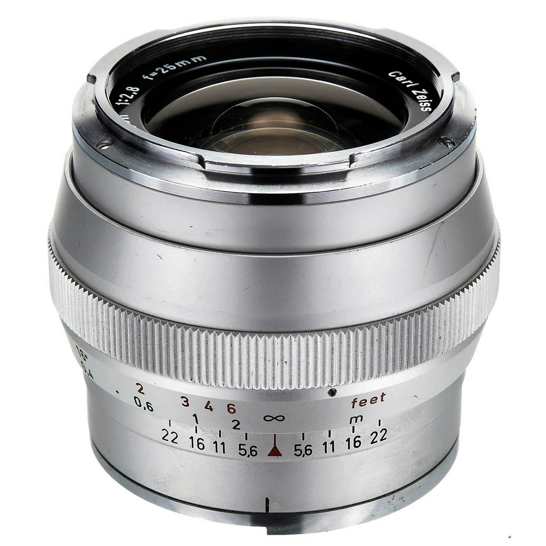 Zeiss Distagon 2,8/25 mm for Contarex, c. 1965: 'Zeiss Distagon 2,8/25 mm for Contarex, c. 1965 Carl Zeiss, Oberkochen. No. 3563128, chrome version. 'Zeiss Distagon 2,8/25 mm für Contarex, um 1965 Carl Zeiss, Oberkochen. Nr. 3563128, Chrom-Aus fü