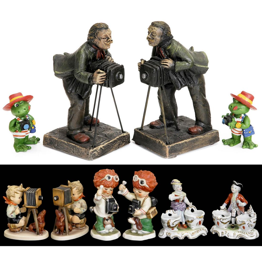 Double Photographer's Figures: 'Double Photographer's Figures 1) Mat Wanders, presumably Netherlands. Design no. 458, height 8 in. - 2) Goebel, Germany. Young photographer tempting dog with bone, marked "Byj 79/1975", height 6 in.