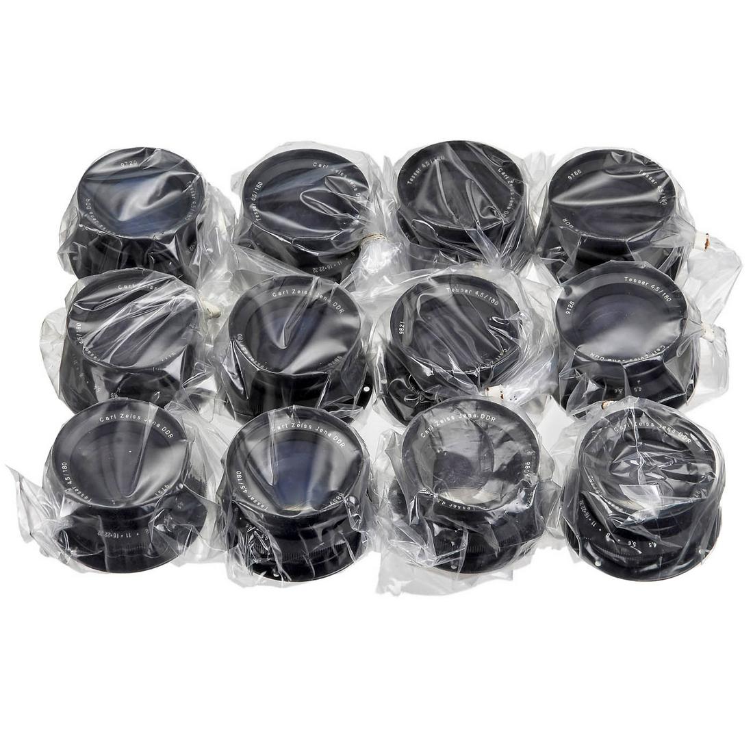 12 x Zeiss Jena Tessar 4,5/180 mm, c. 1991: '12 x Zeiss Jena Tessar 4,5/180 mm, c. 1991 Zeiss, Jena. All in unopened foil. Angle of view 55 degrees, size of picture diameter 220 mm, filter size 58, weight 390 g, with ring. With copy of data she