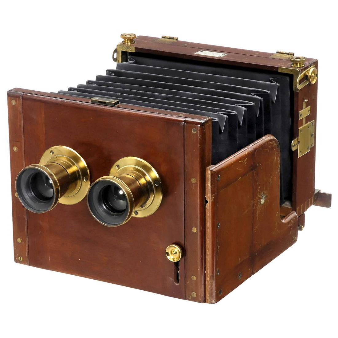 Stereo Camera by George Hare, c. 1880: 'Stereo Camera by George Hare, c. 1880 "G. Hare, Manufacturer, 26 Carthorpe St., London". Solid tailboard stereo camera, mahogany with brass fittings, 2 brass aplanatic lenses of approx. 8/9 in. for w