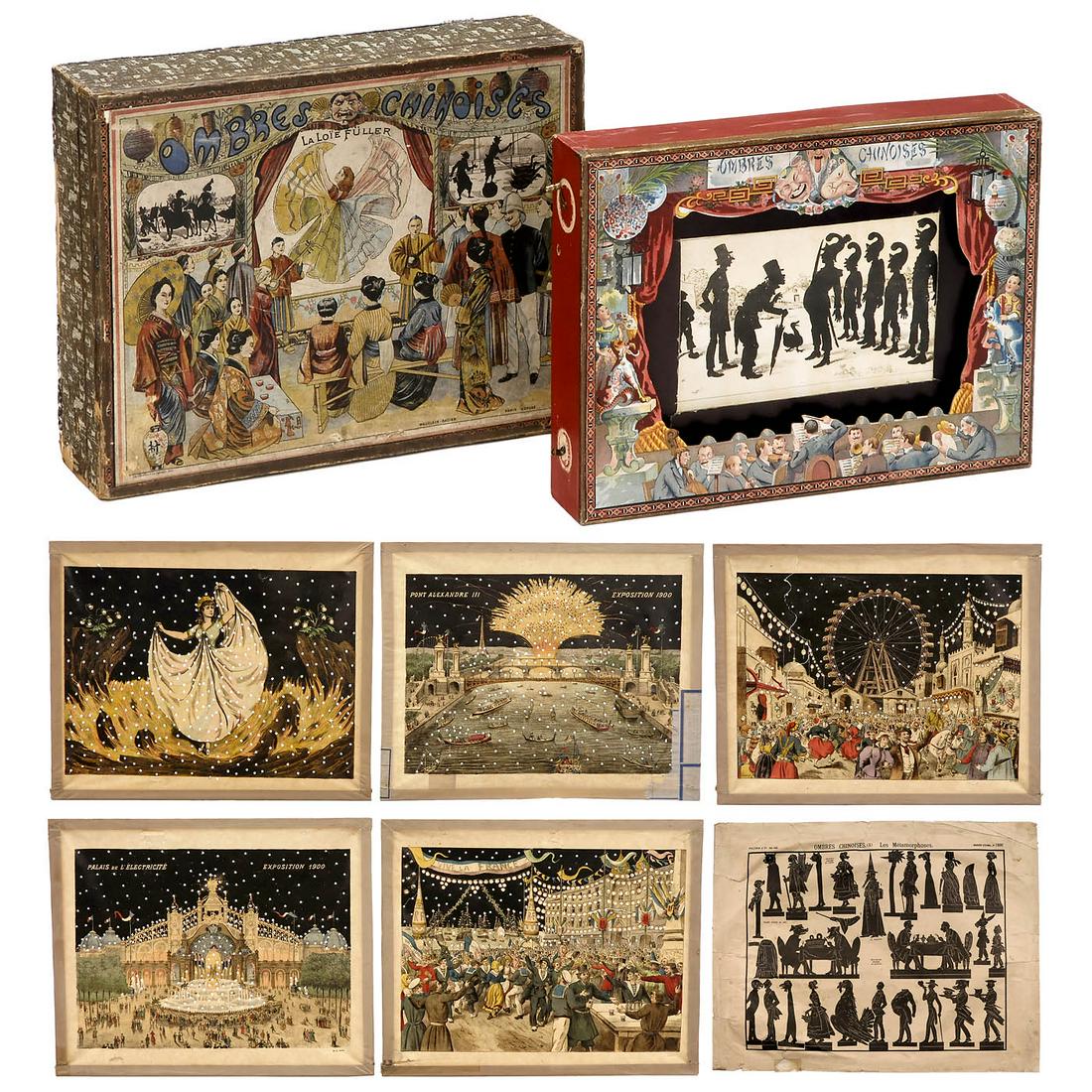 Shadow Theatre "Ombres Chinoises à Grand Effet", c.: 'Shadow Theatre "Ombres Chinoises à Grand Effet", c. 1900 Mauclair Dacier, Paris. 20 x 16 x 5 in., with 5 plates, one plate with transparent paper and one removable roll picture. The plates are "La L