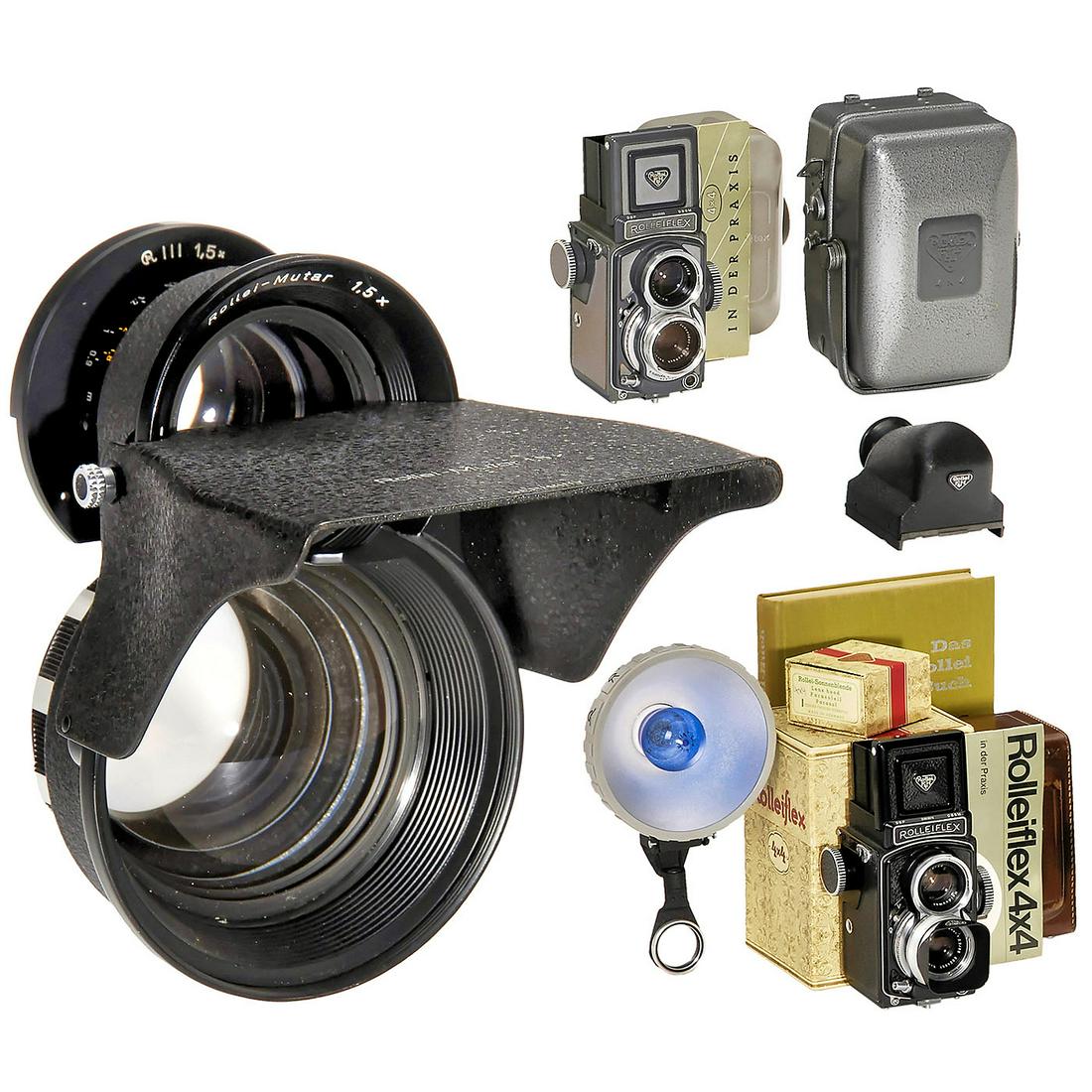 Rollei-Mutar 1,5/III and 2 x "Baby Rollei" and: Rollei-Mutar 1,5/III and 2 x "Baby Rollei" and Accessories Franke & Heidecke, Braunschweig. 1) Zeiss Rollei Mutar 1,5x, no. 3570018, for bayonet III, with case. The tele-attachment in very good condit