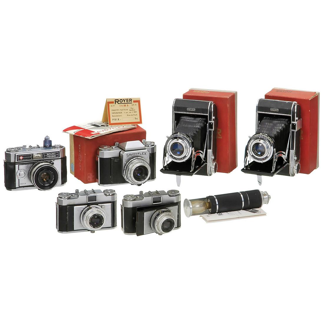 6 Royer Cameras, 1949-59: 6 Royer Cameras, 1949-59 Royer, Fontenay-sous-Bois, France. 1) Royer Type II RB, 120 film for 6 x 6 cm and 6 x 9 cm. Berthiot Special 4,5/105 mm, Sito works. With guarantee card, instructions and red 