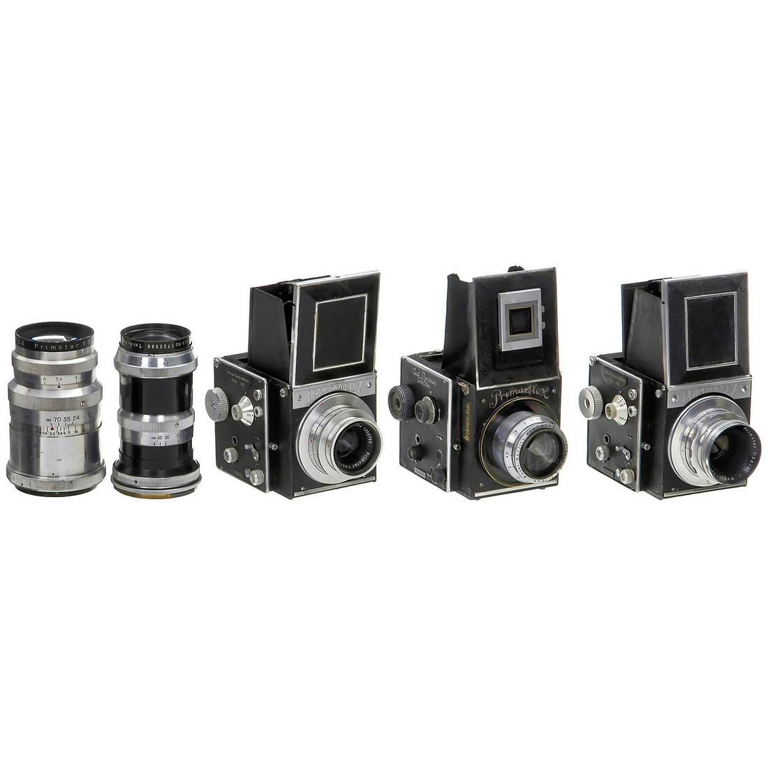 3 Primarflex Cameras and 2 Lenses: 3 Primarflex Cameras and 2 Lenses 1) Curt Bentzin, Görlitz. Primarflex, no. 28829, with Meyer Trioplan 2,8/10 cm no. 958148, glass clean, only first shutter curtain working, mirror replaced. (4/4+) -