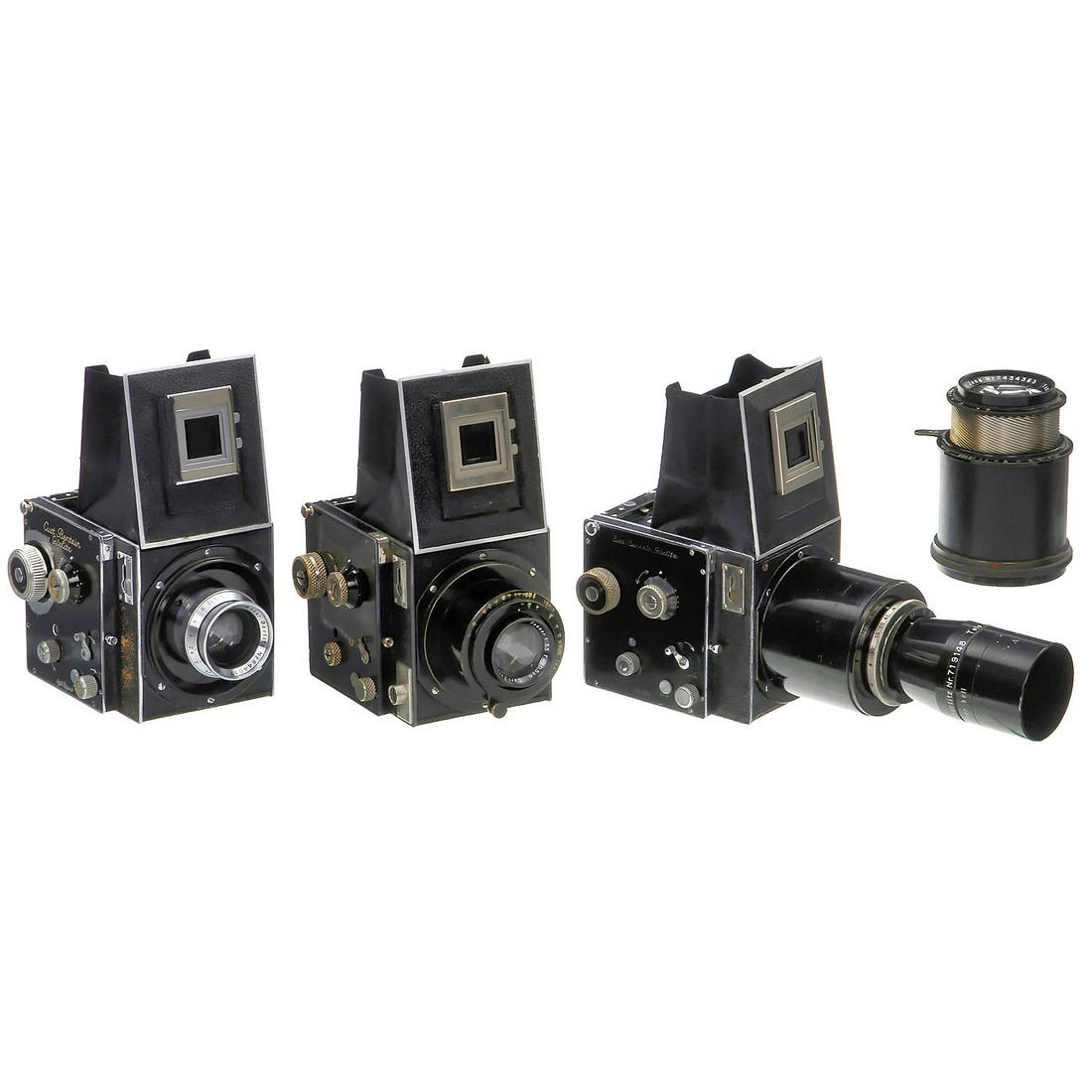3 x Primarflex Cameras and a Lens: 3 x Primarflex Cameras and a Lens Curt Bentzin, Görlitz. All without bayonet. 1) No. 24855, with Meyer Tele Megor 5,5/25 cm no. 719148, shutter capable of limited motion when assisted. (3/3-) - 2) No