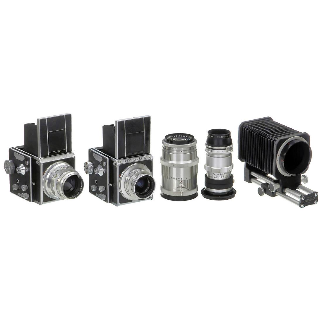 Primar-Reflex II, Astraflex II and 2 Lenses: Primar-Reflex II, Astraflex II and 2 Lenses 1) Feinopt. Werk Görlitz. No. 36029, second shutter curtain sticking, with late coated Meyer Trioplan 2,8/100 mm V Nr. 1245257, glass clean, middle of back