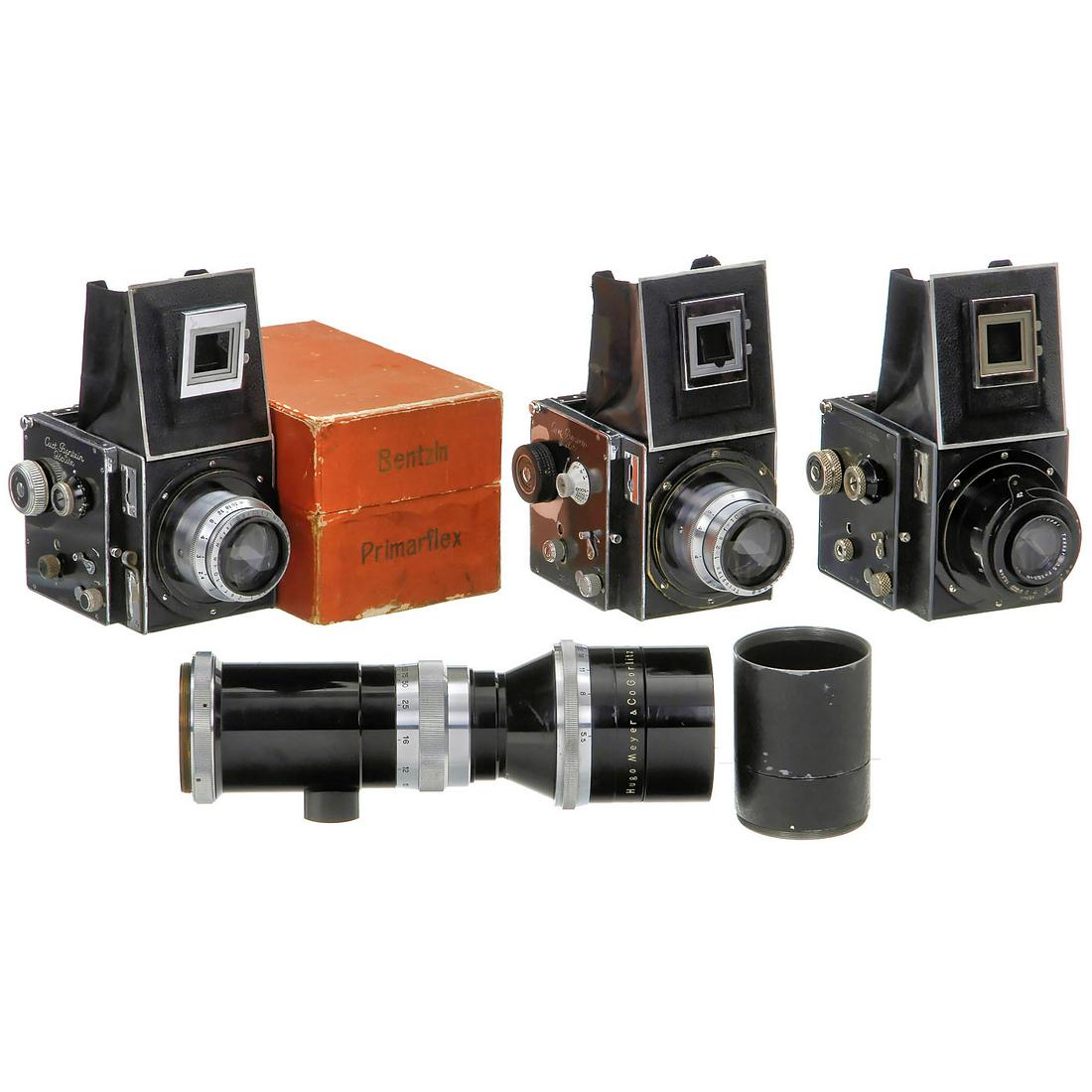 3 Primarflex Cameras and Tele Megor 5,5/40 cm: 3 Primarflex Cameras and Tele Megor 5,5/40 cm Curt Bentzin, Görlitz. All without bayonet. 1) No. 24791, the earliest number of this collection, shutter works very slowly, with Tessar 3,5/10,5 cm no. 