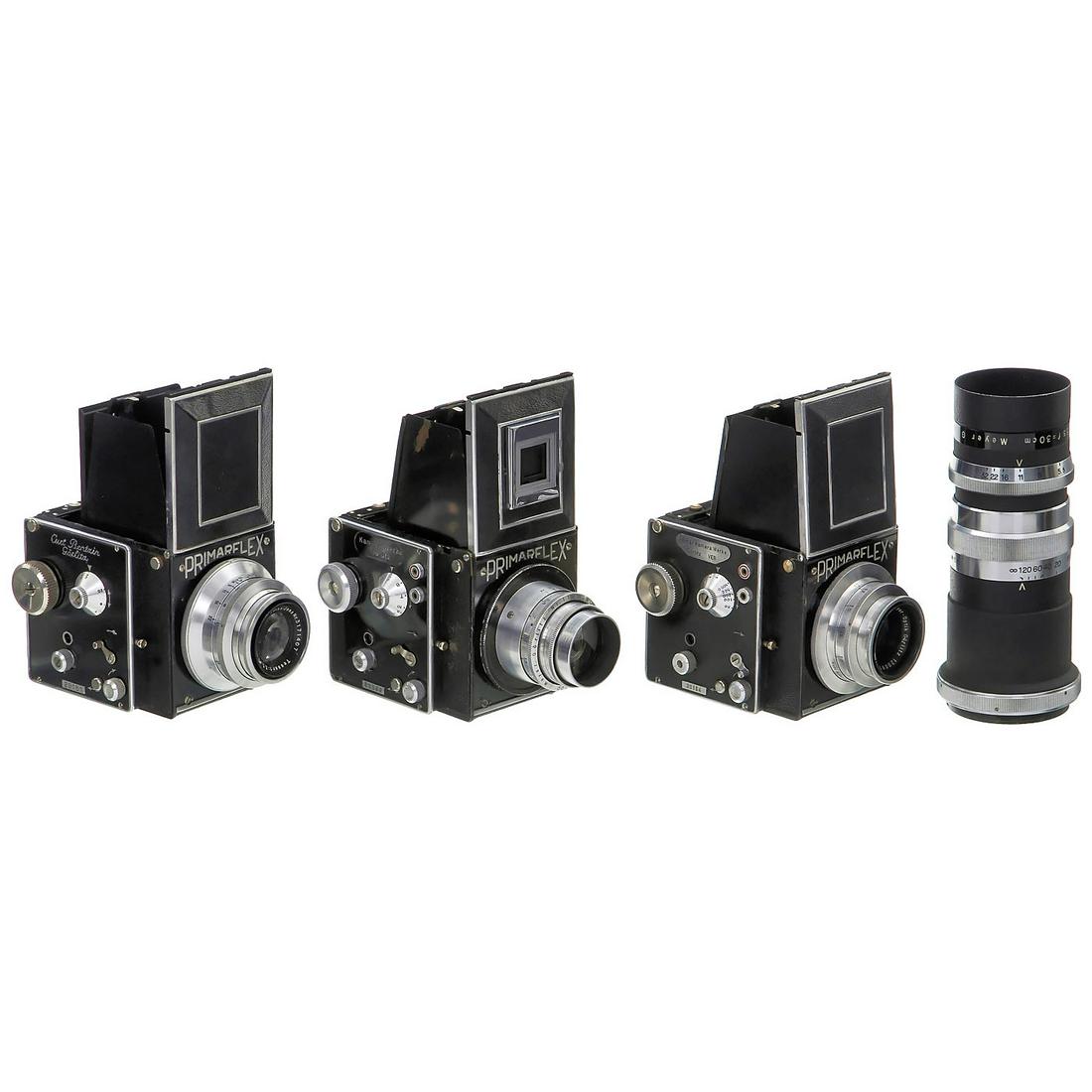 3 Primarflex Cameras and a Lens, c. 1944-47: 3 Primarflex Cameras and a Lens, c. 1944-47 The rare version with large maker’s marks and three different company names. 1) Curt Bentzin, Görlitz. No. 29151, shutter working well. With Zeiss Tessar