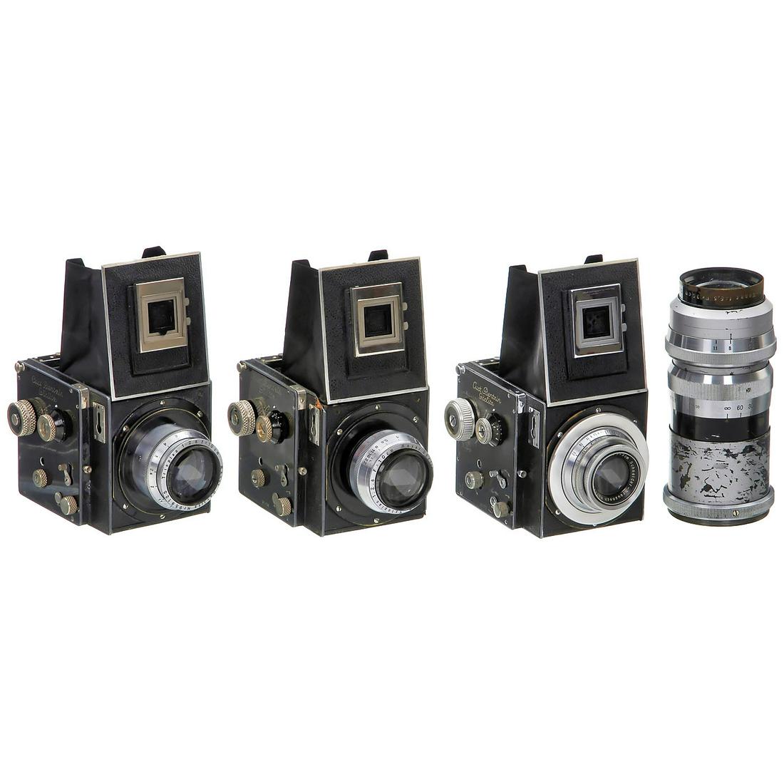 3 x Primarflex Cameras: 3 x Primarflex Cameras Curt Benzin, Görlitz. Cameras with large maker’s marks, without bayonet. 1) No. 25614, inoperative with Meyer Trioplan 2,8/10 cm no. 708987, distance scale in red and tube in