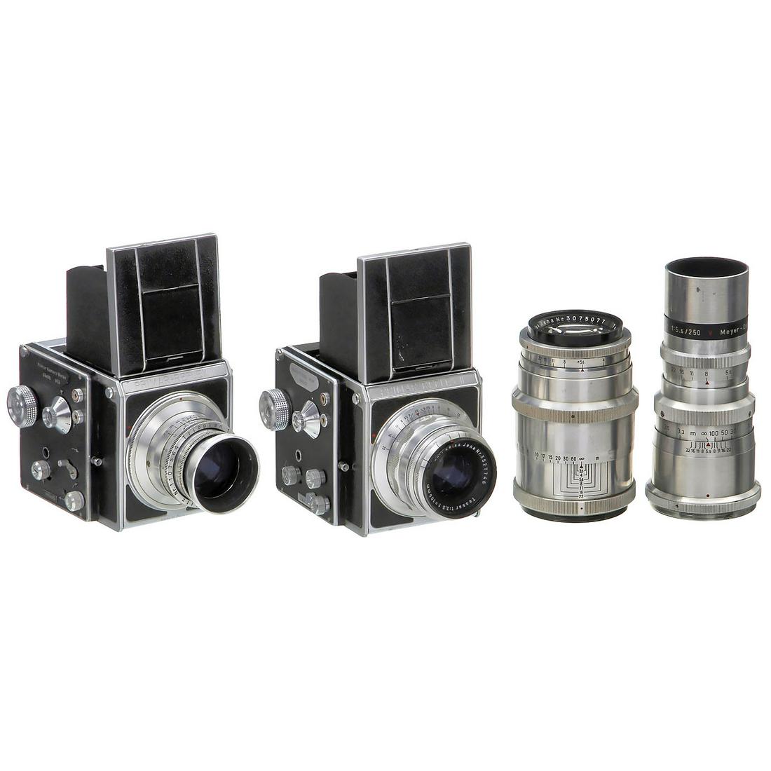 2 Primar-Reflex II and 2 Lenses: 2 Primar-Reflex II and 2 Lenses 1) Primar Kamera Werke VEB, Görlitz. No. 30520S, second shutter curtain sticking, with coated Meyer Trioplan 2,8/100 mm V no. 1107564, glass clean. (3+/3-) - 2) Feinop