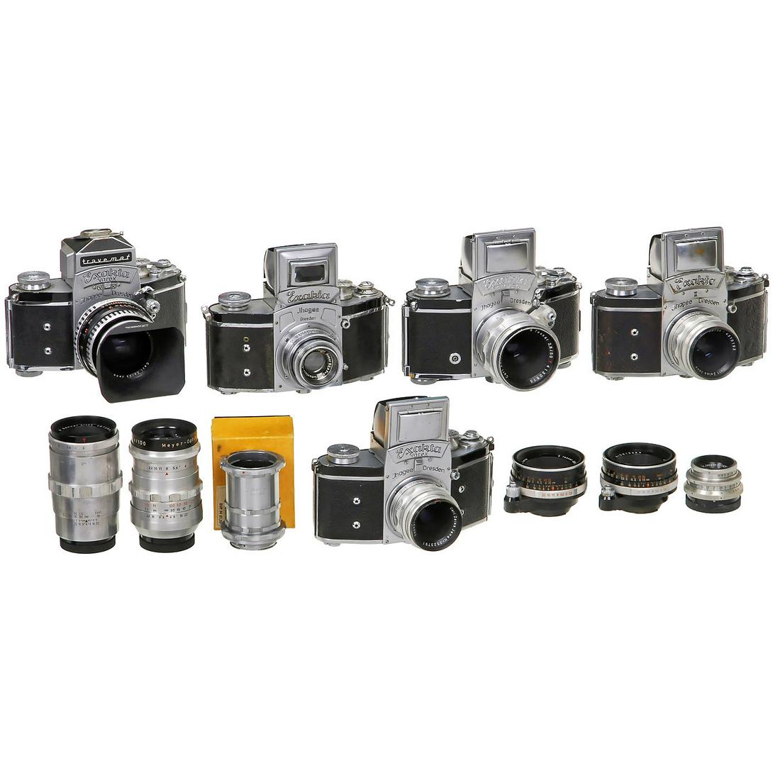 5 Exaktas and 10 Lenses: 5 Exaktas and 10 Lenses Ihagee, Dresden. 1) Exakta Varex VX, with Travemat-Prism and Zeiss Jena Flektogon 2,8/35 mm. (3/3) - 2) Meyer Trioplan 2,8/100 mm. (3/3) - And: 3) Zeiss Jena Tessar 4,5/4 cm T,