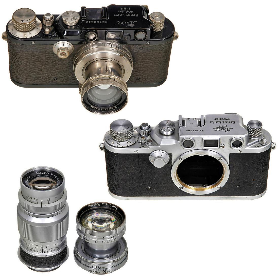 Leica III, Leica IIIc and Elmar 4/9 cm: Leica III, Leica IIIc and Elmar 4/9 cm Leitz, Wetzlar. 1) Leica III, no. 128842, c. 1934.(3-/3-) - With Summar 2/5 cm no. 217670, front element with heavy marks. - 2) Leica IIIc, no. 369566, c. 1941, 