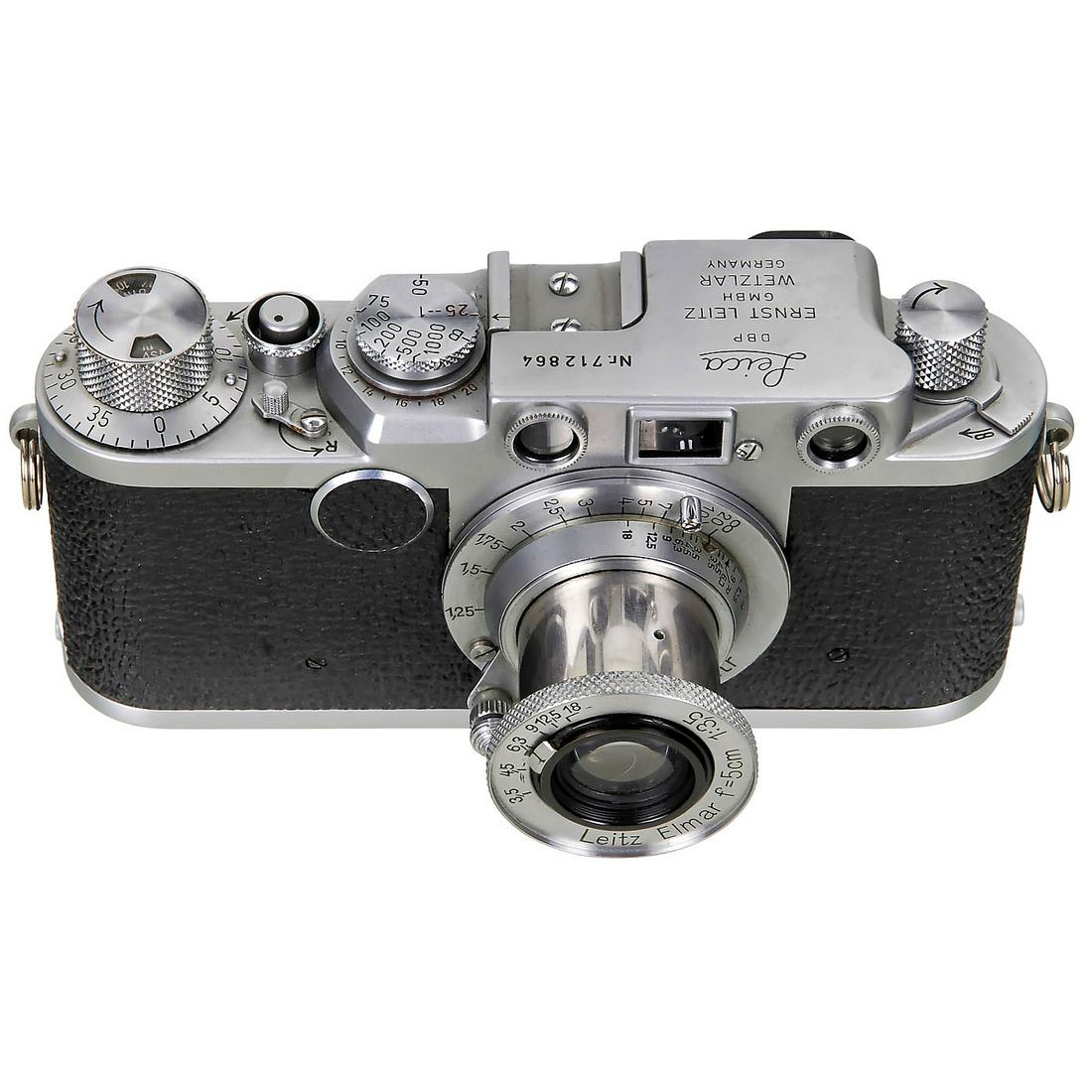 Leica IIf, c. 1954: Leica IIf, c. 1954 Leitz, Wetzlar. No. 712864, red-dial synchronization, distance meter and viewfinder very clean and precise, with Elmar 3,5/5 cm no. 462630, c. 1938, with case and cap. Leica IIf, um
