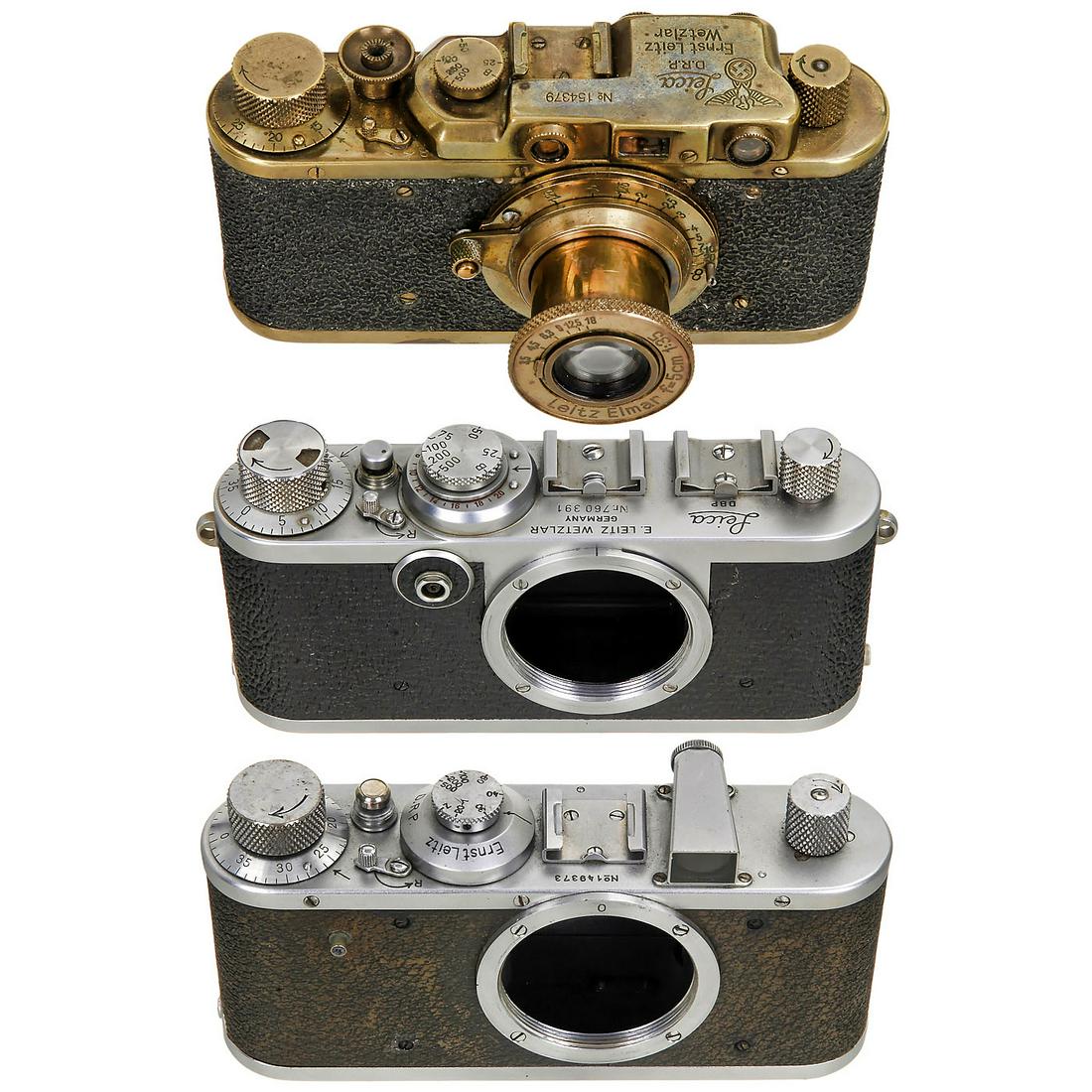 Leica If, Leica Standard and a Leica Copy: Leica If, Leica Standard and a Leica Copy Leitz, Wetzlar. 1) Leica If, no. 760391, c. 1955, spool is missing. (3+/3+) - 2) Leica Standard, no. 149373, non-Leitz synchronization c. 1935, interior with 