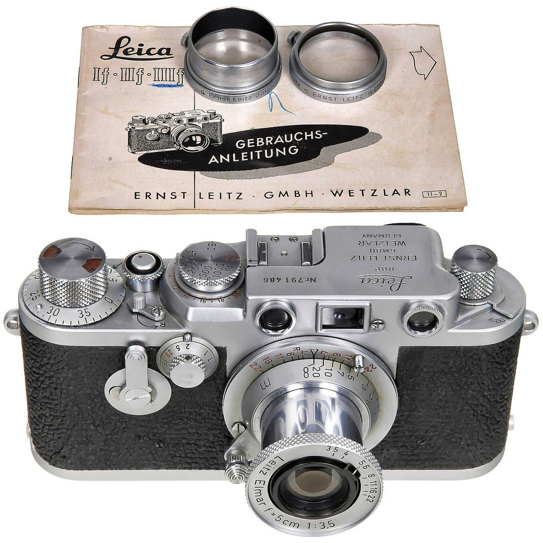 Leica IIIf with Elmar 2,5/5 cm, c. 1955: Leica IIIf with Elmar 2,5/5 cm, c. 1955 Leitz, Wetzlar. No. 791486, red-dial synchronization, Elmar 3,5/5 cm no. 1322878 from same production year as the camera, FISON sunshade, UVa filter, cap, instr
