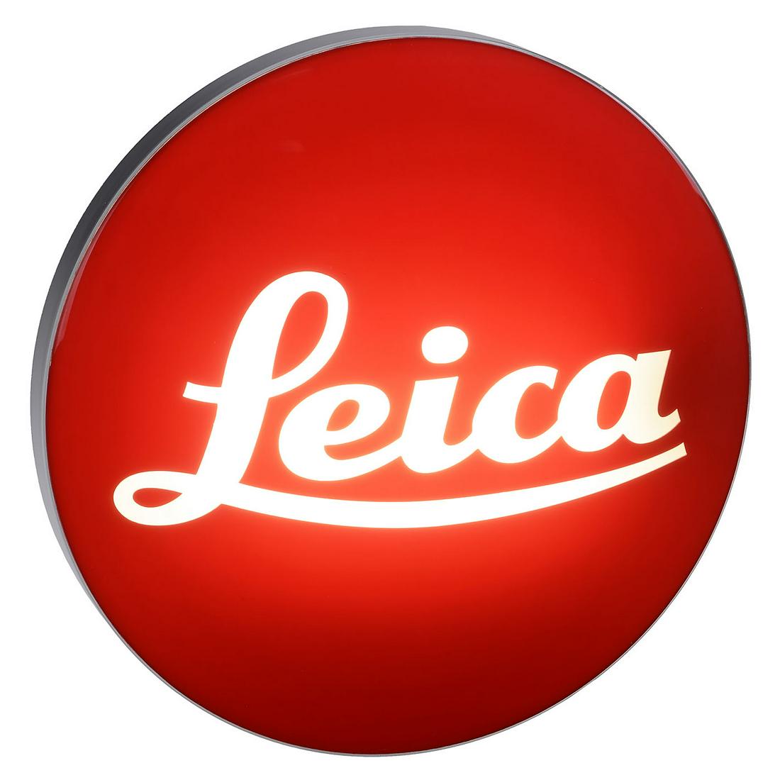 Leica Lamp: Leica Lamp Leica display lamp for indoors, approx. 14 ½ in. diameter, 220 V connection with switch, works. An illuminating highlight for every Leica collection! Leica-Leucht-Logo Leica-Werbebeleuchtu