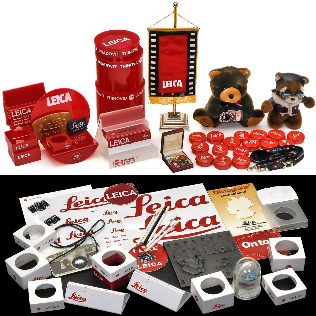 Extensive Lot of Leitz/Leica Advertising Materials,: Extensive Lot of Leitz/Leica Advertising Materials, Displays, Pins, Pencils, Flags, Teddies and Souvenirs 1) Oskar Barnack memorial, metal approx. 19 x 18 cm. - 2) 2 metal plates "Leitz Wetzlar", appr