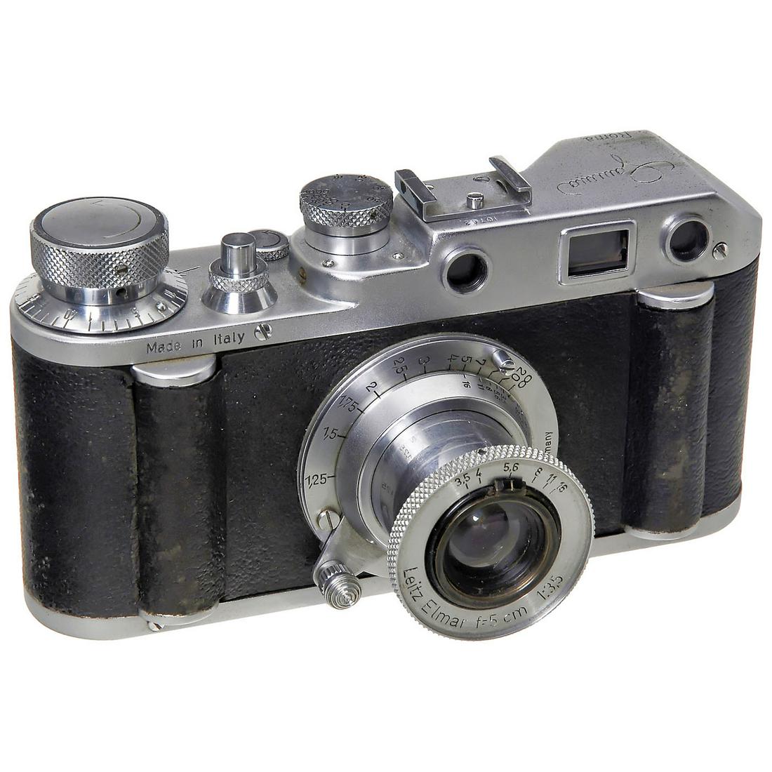 Gamma III with Leitz Elmar, c. 1949: Gamma III with Leitz Elmar, c. 1949 Gamma, Italy. No. 10763 inside and outside. Rare Leica copy with screw-mount M39, coupled rangefinder, curved metal focal plane shutter B, 1/20-1/1000, Elmar 3,5/5