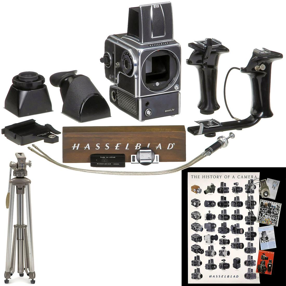Hasselblad 500 EL/M with Accessories, c. 1980: Hasselblad 500 EL/M with Accessories, c. 1980 Hasselblad, Sweden. 1) Hasselblad EL/M no. RS1317014. Works, release cable and cap. (3/3) - With instructions, brochures and Hasselblad poster "The Histor