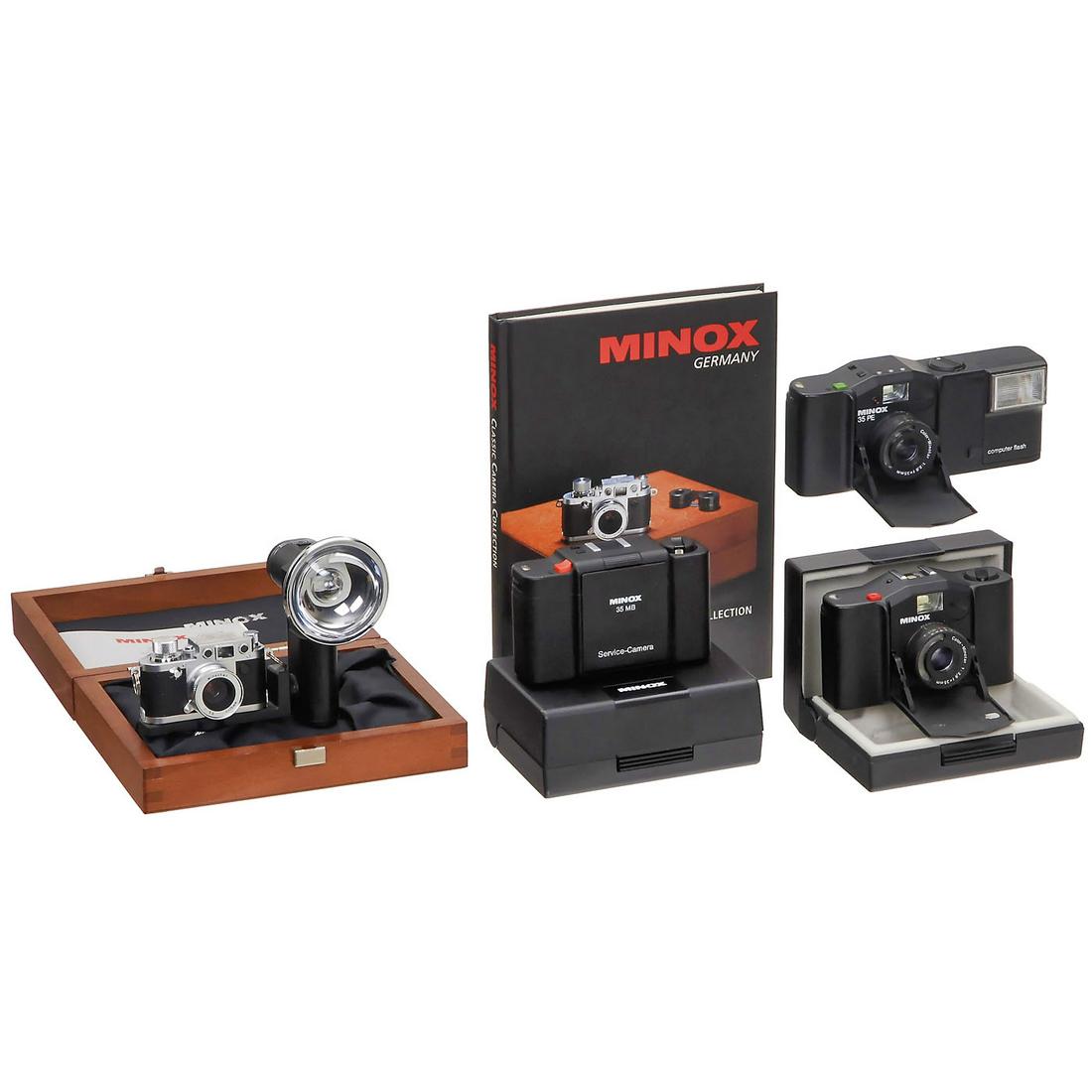 Minox "Classic Camera" Leica IIIf and 3 Minox 35mm: Minox "Classic Camera" Leica IIIf and 3 Minox 35mm Cameras Minox, Gießen. 1) Minox 8 x 11 mm in Leica IIIf no. 525001, with wood case, box, instructions and Classic flash, with box. (2/2) - 2) Minox 