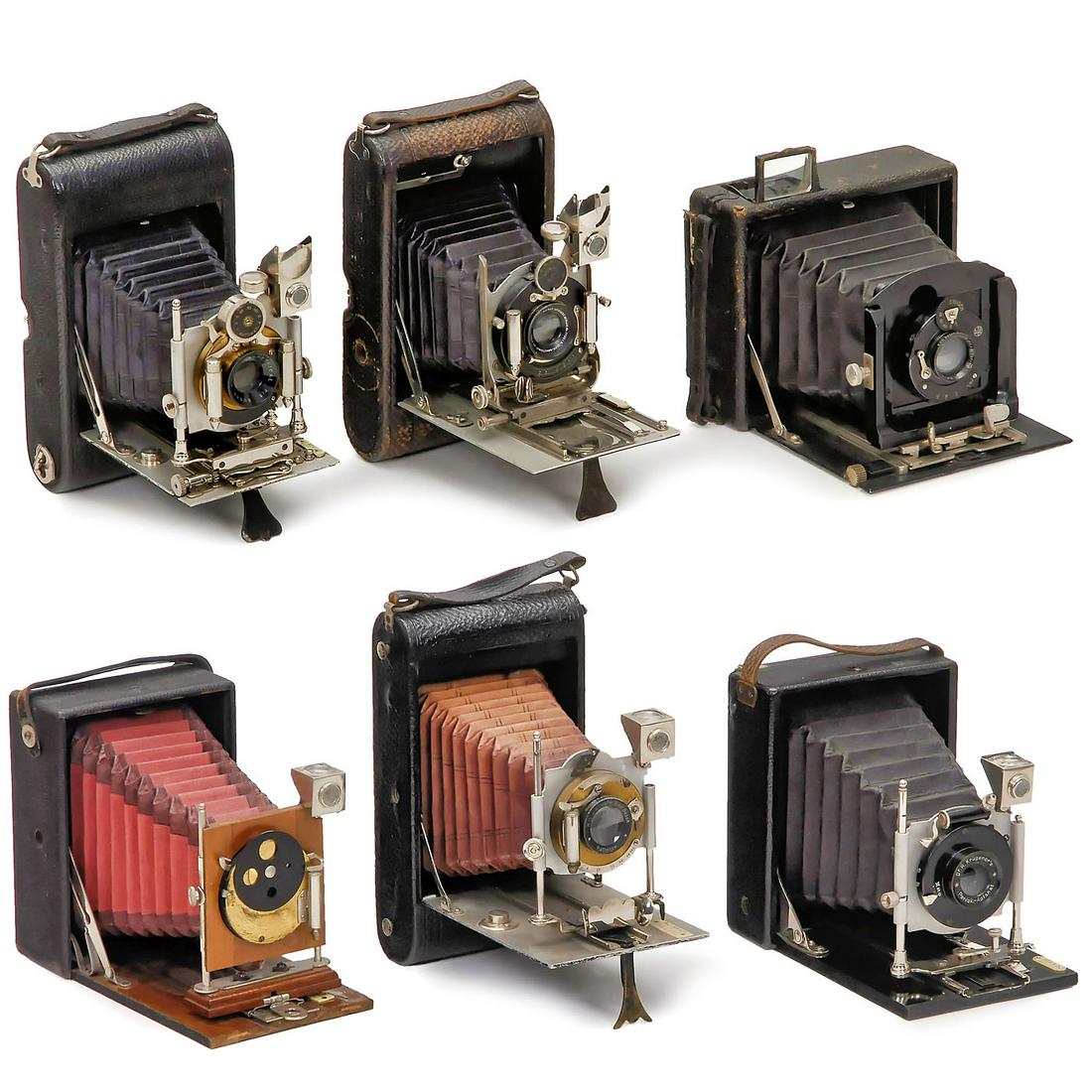 6 Early German Strut Cameras, 1890 onwards: 6 Early German Strut Cameras, 1890 onwards Items 1-5 probably by the same maker: 1) Unmarked, no. 238817, for 9 x 12 cm, red bellows with dark-red leather edges, landscape lens with IBT shutter, witho