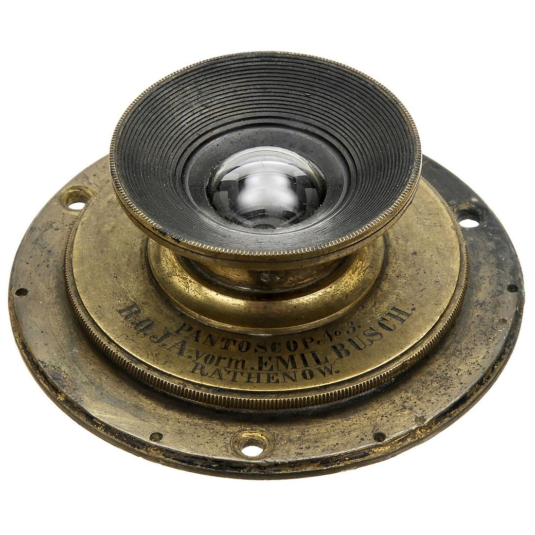 Pantoscop No. 3, c. 1875: Pantoscop No. 3, c. 1875 R.O.J.A. vorm. Emil Busch, Rathenow. Wide-angle lens with approx. 22/12 cm focal length, height of the lens 1 ? in., sunshade front lens Ø 1 ½ in., front element with minor 