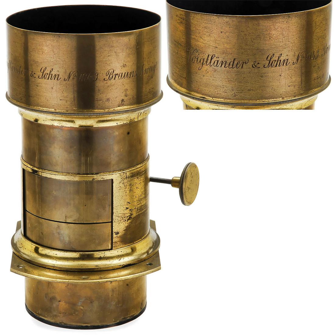 Brass-Bound Petzval-Type Lens, c. 1850-70: Brass-Bound Petzval-Type Lens, c. 1850-70 Engraved on lens hood: "Voigtländer & Sohn No. 1043 Braunschweig", with rack-and-pinion focusing (working) and screw-on ring, height of the lens with lens ho