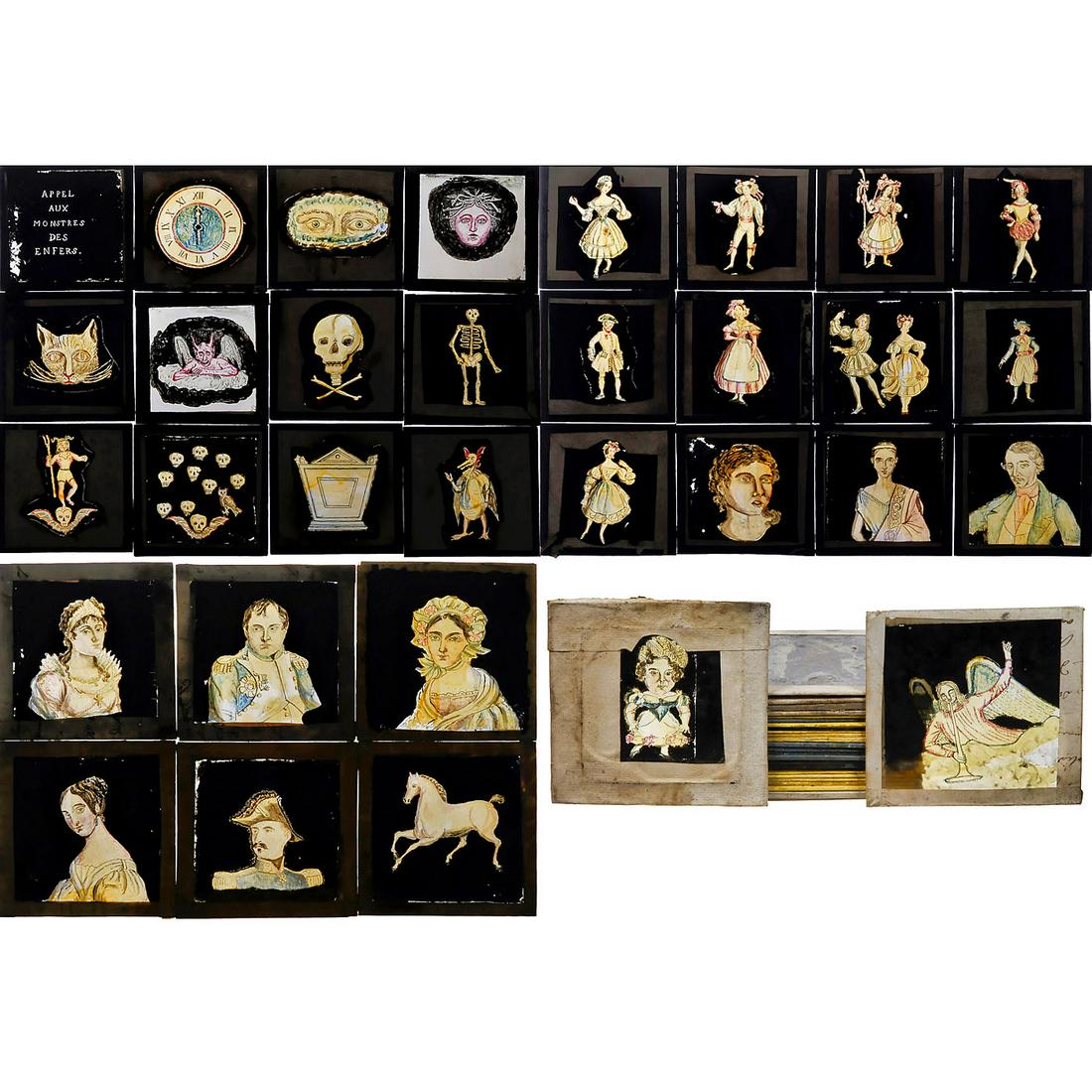 Very Early Hand-Painted Magic Lantern Slides, c.: Very Early Hand-Painted Magic Lantern Slides, c. 1810-40 France. Unusually large formats from approx. 120 x 120 mm to 124 x 124 mm. 1) Series of 12 slides "APPEL AUX MONSTRES DES ENFERS". - 2) Series