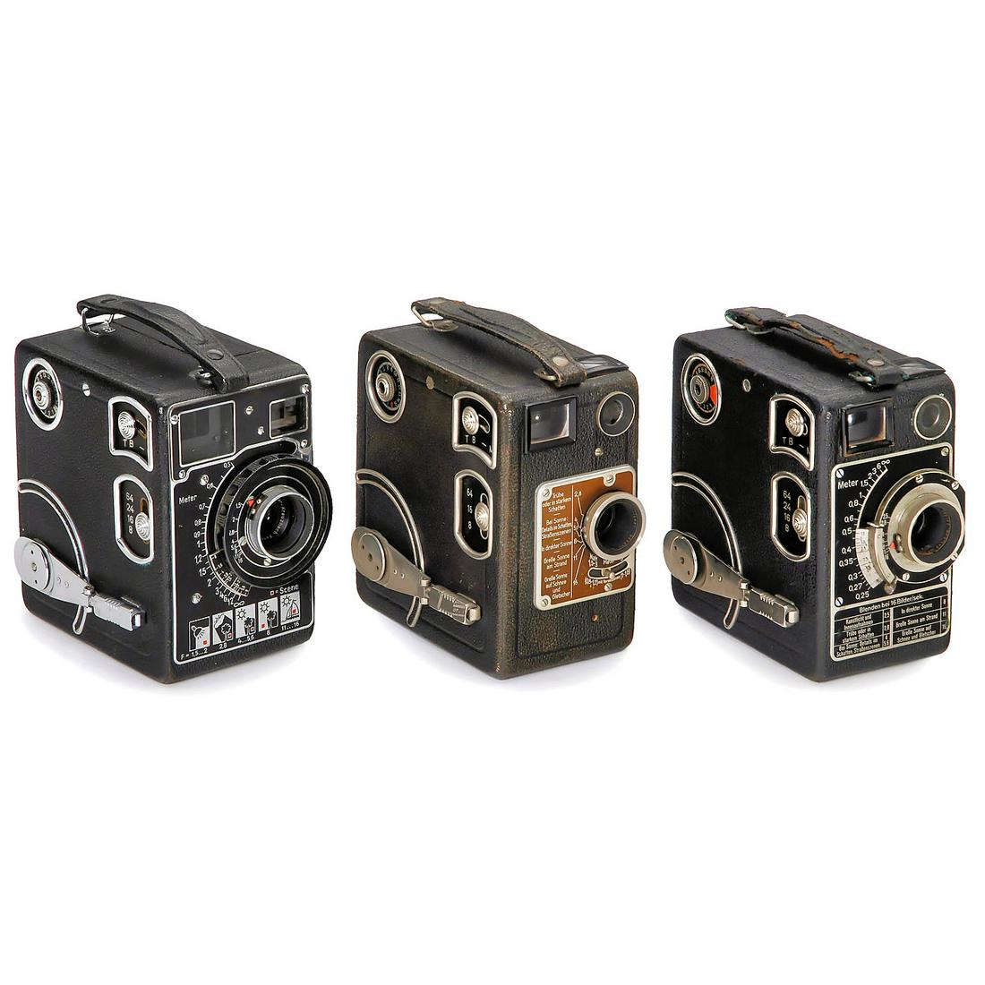 3 Siemens Cine Cameras, c. 1935: 3 Siemens Cine Cameras, c. 1935 Siemens & Halske, Berlin. 1) Siemens B, cine camera for 15 m 16mm film in Siemens cassette, clockwork drive for 8-64 p/s, lens: Glaukar 2,8/20 mm, Newton viewfinder. Wi