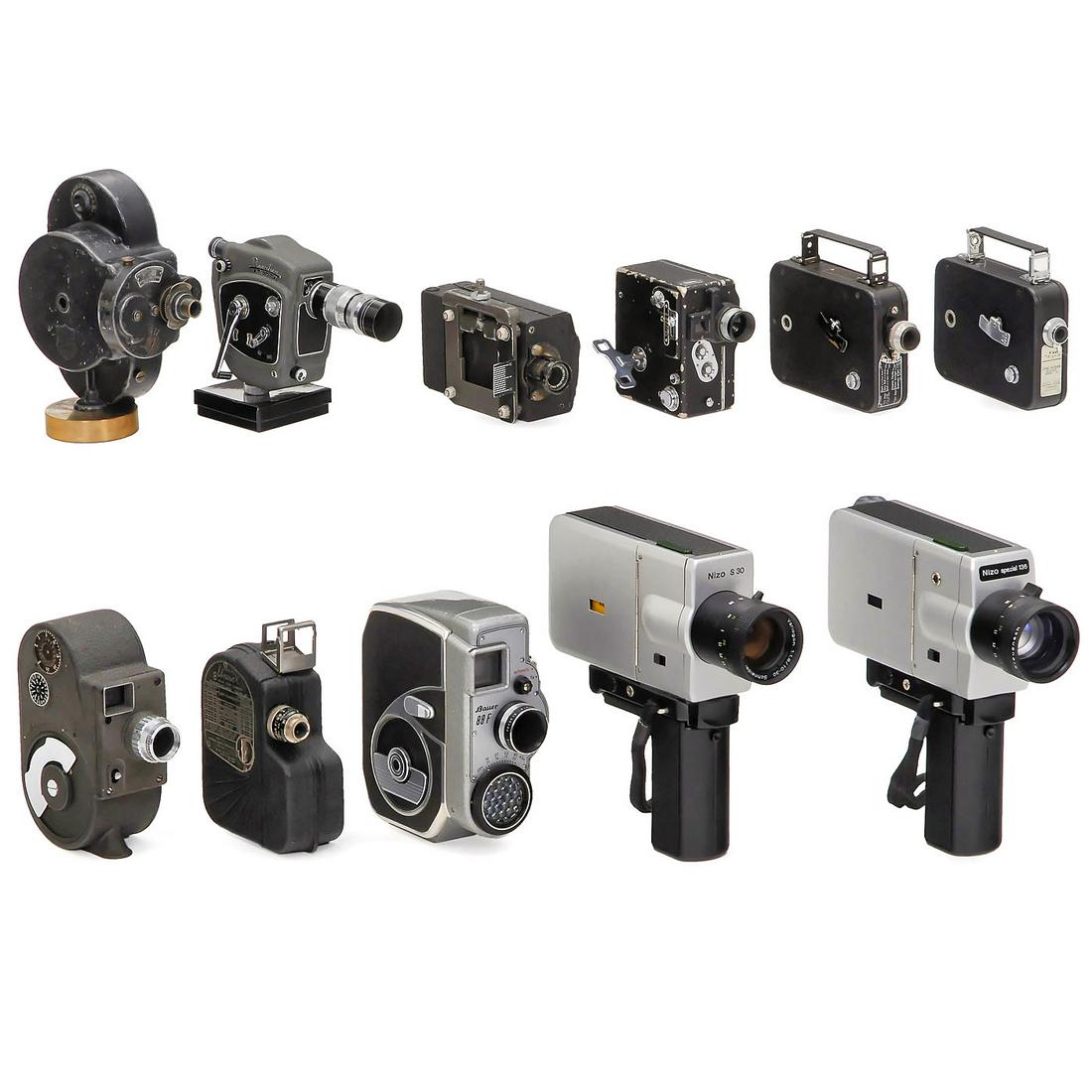 Lot of 11 Movie Cameras, 1930-70: Lot of 11 Movie Cameras, 1930-70 16mm cameras: Bell & Howell Filmo, Fairchild Camera Gun AN-N6. - 9,5mm camera: Pathé Baby Royal. - 8mm cameras: Univex, Cine Kodak 8, Bell & Howell 8, Beaulieu MR8, B